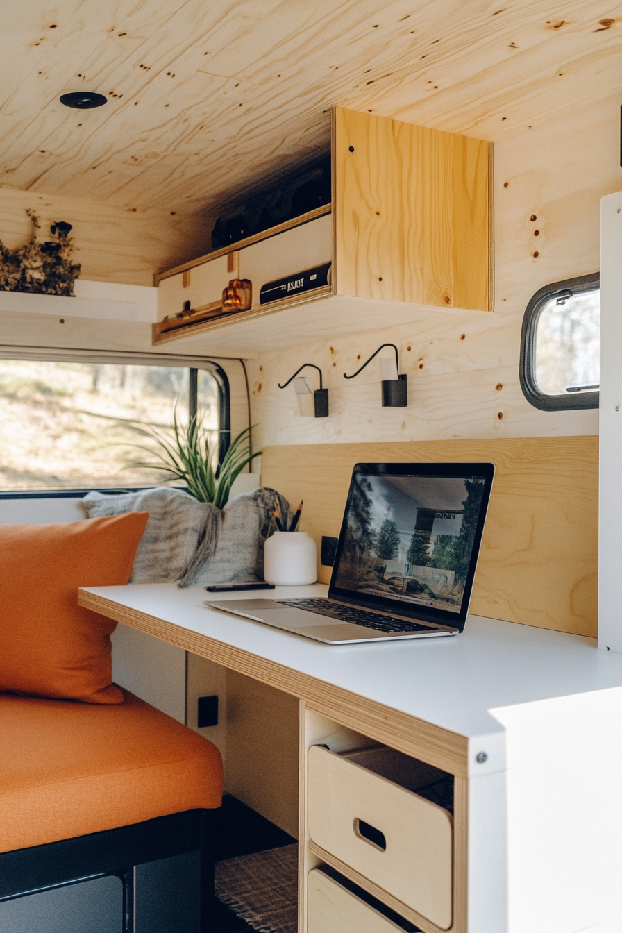 Remote work camper interior. Sleek white desk with built-in plywood storage compartments.