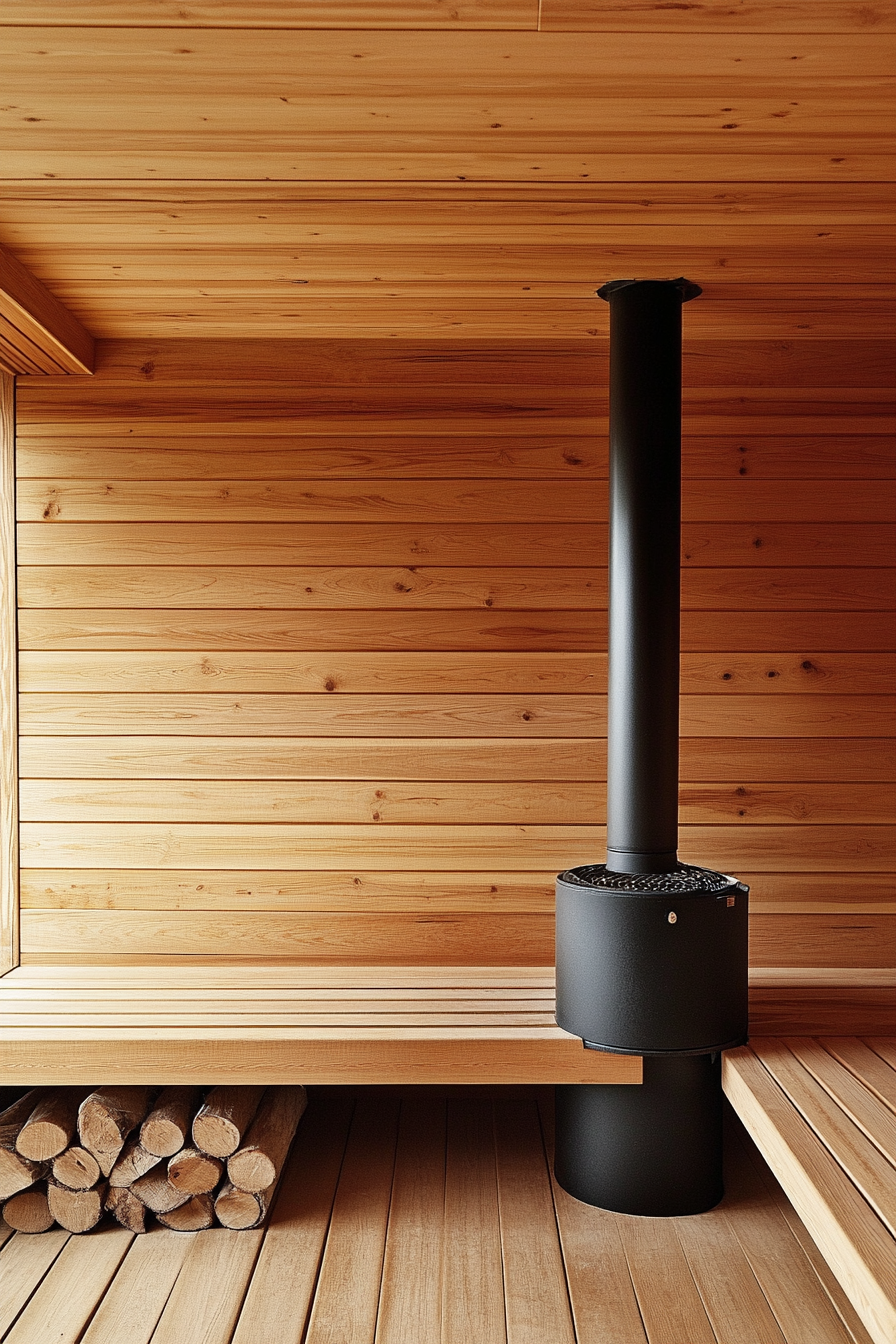 Sauna room design. Wood-burning stove and three-tiered pine bench.