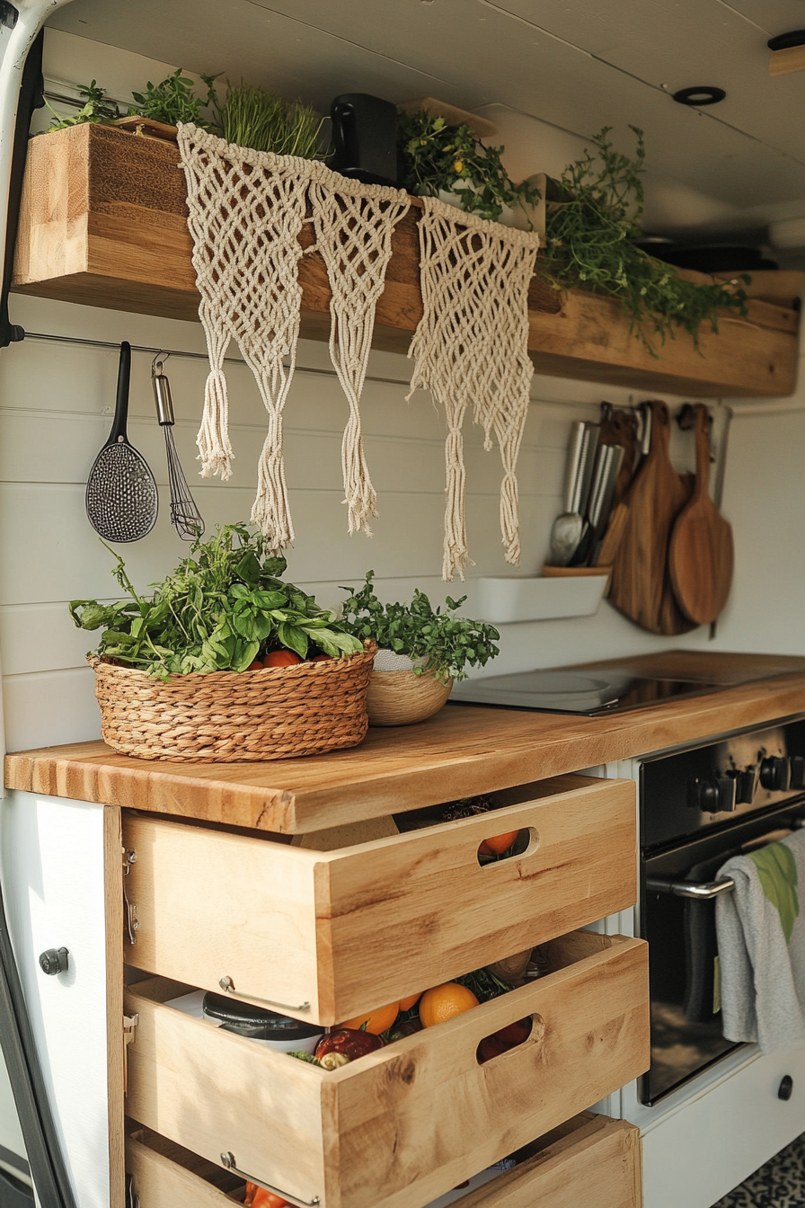 Camper kitchen. Knotted macramé herb hanger and rattan drawers.