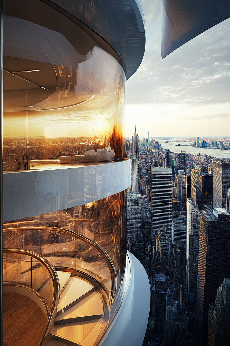 Micro living concept. Spiral staircase leading to glass-encased top floor with panoramic city view.