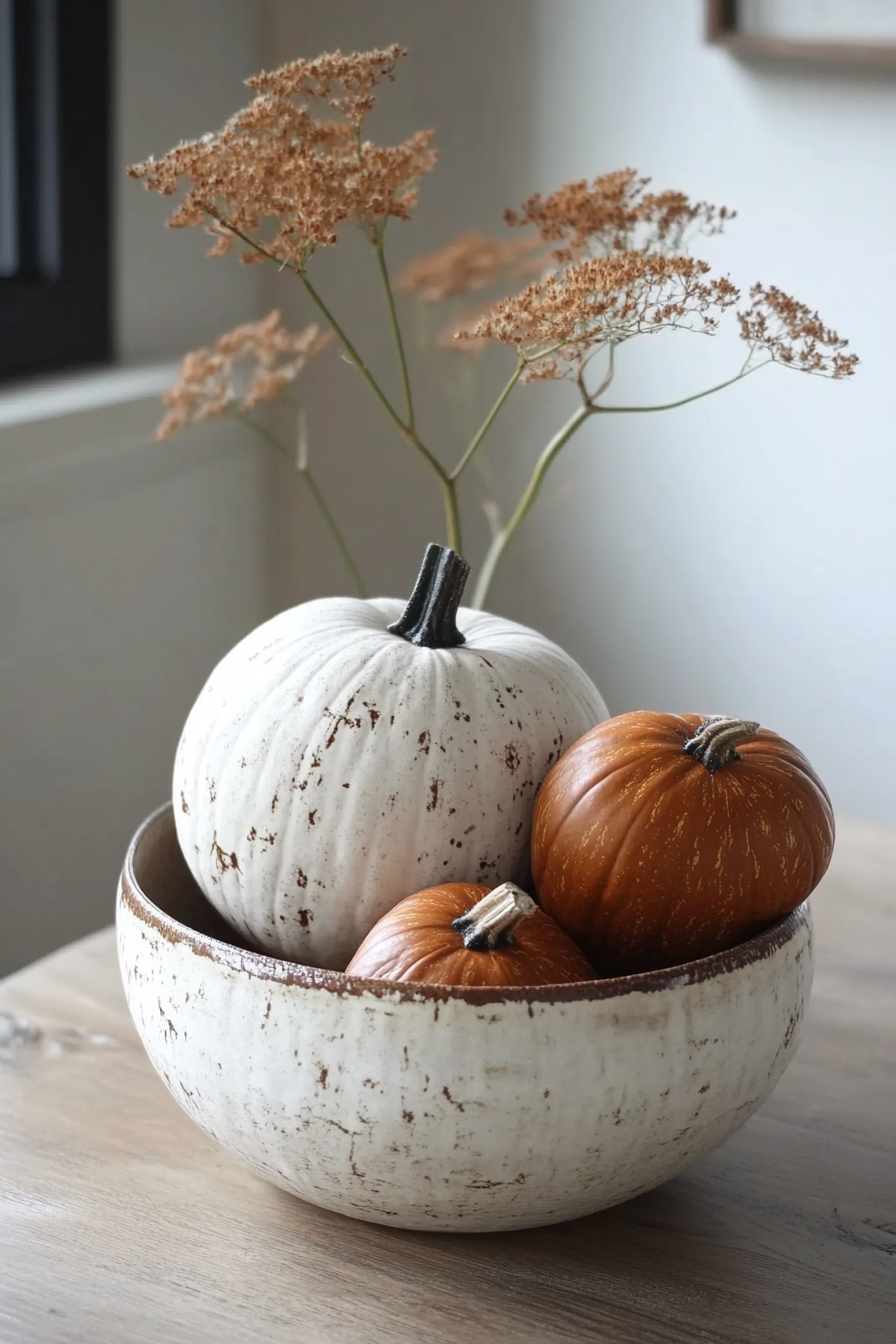 Fall RV decor. Imperfect pumpkin centerpieces shot in textured ceramic bowls.