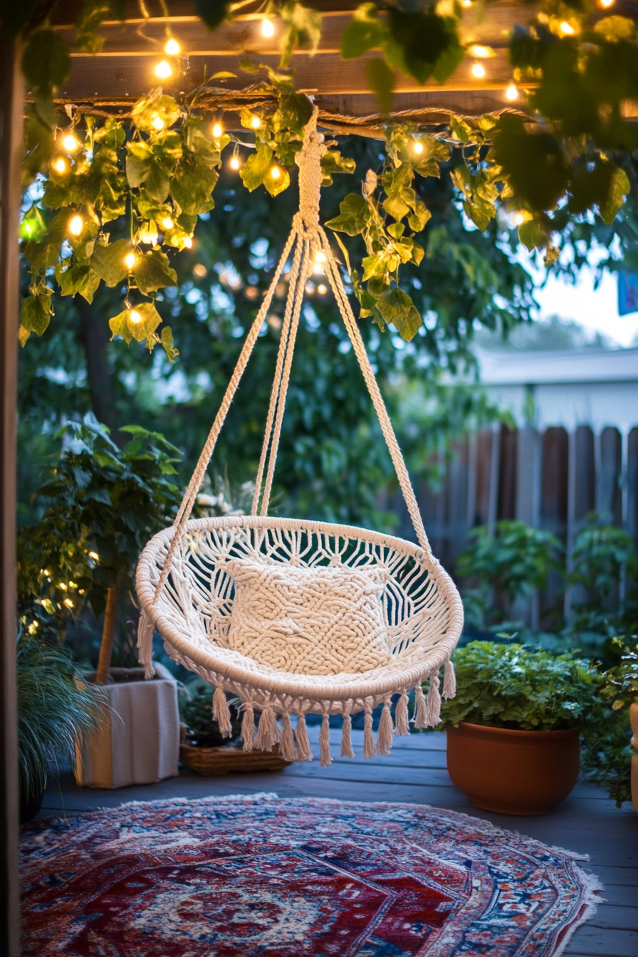 Bohemian patio. Macrame hanging chair, layered kilim rugs, and fairy lights.