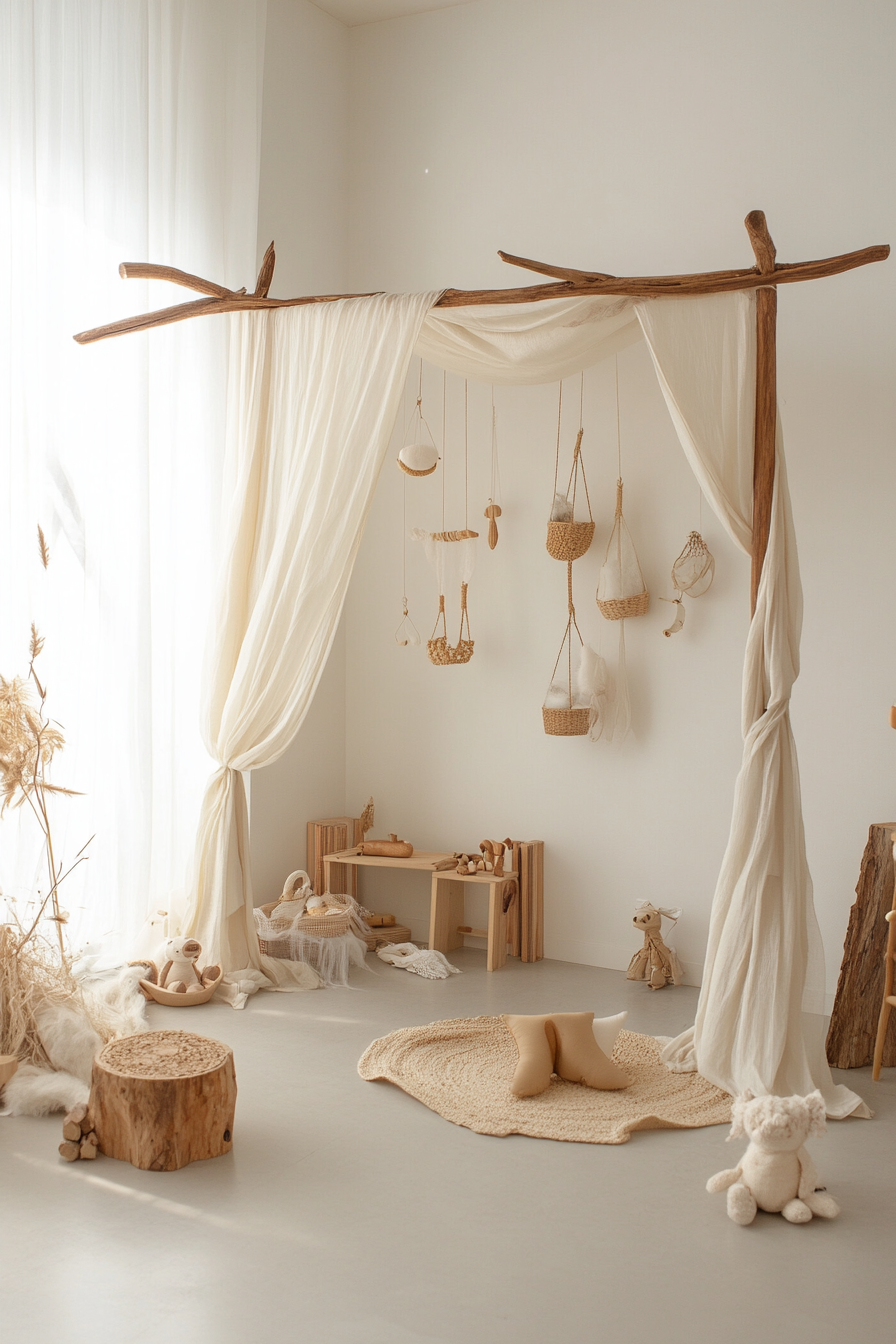 Dreamy play area. Silk canopy, various natural woods toy display.