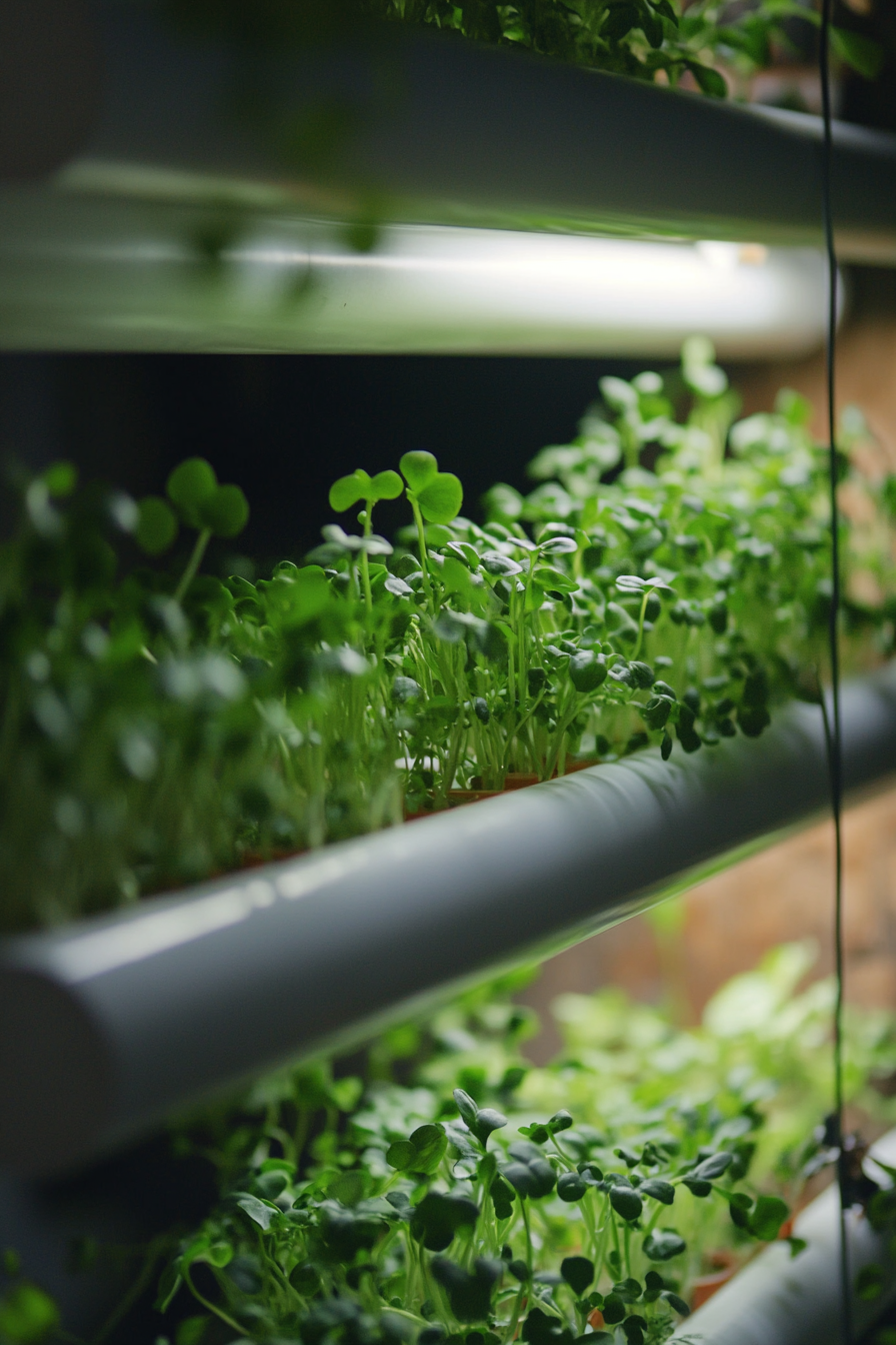 Wall-mounted nutrient film technique. PVC pipes cultivating microgreens.