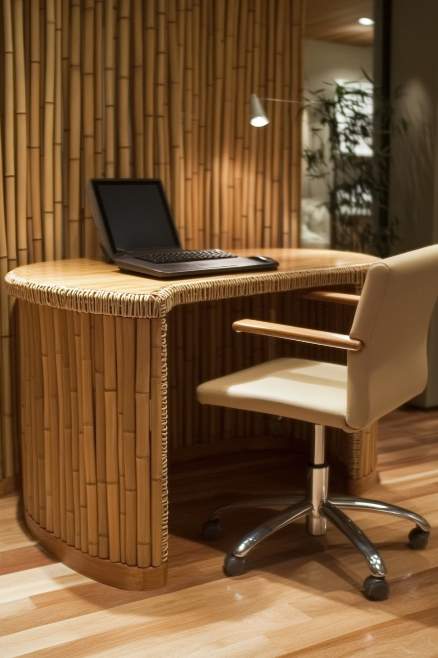 Mobile workspace design. Bamboo desk, beige swivel chair.