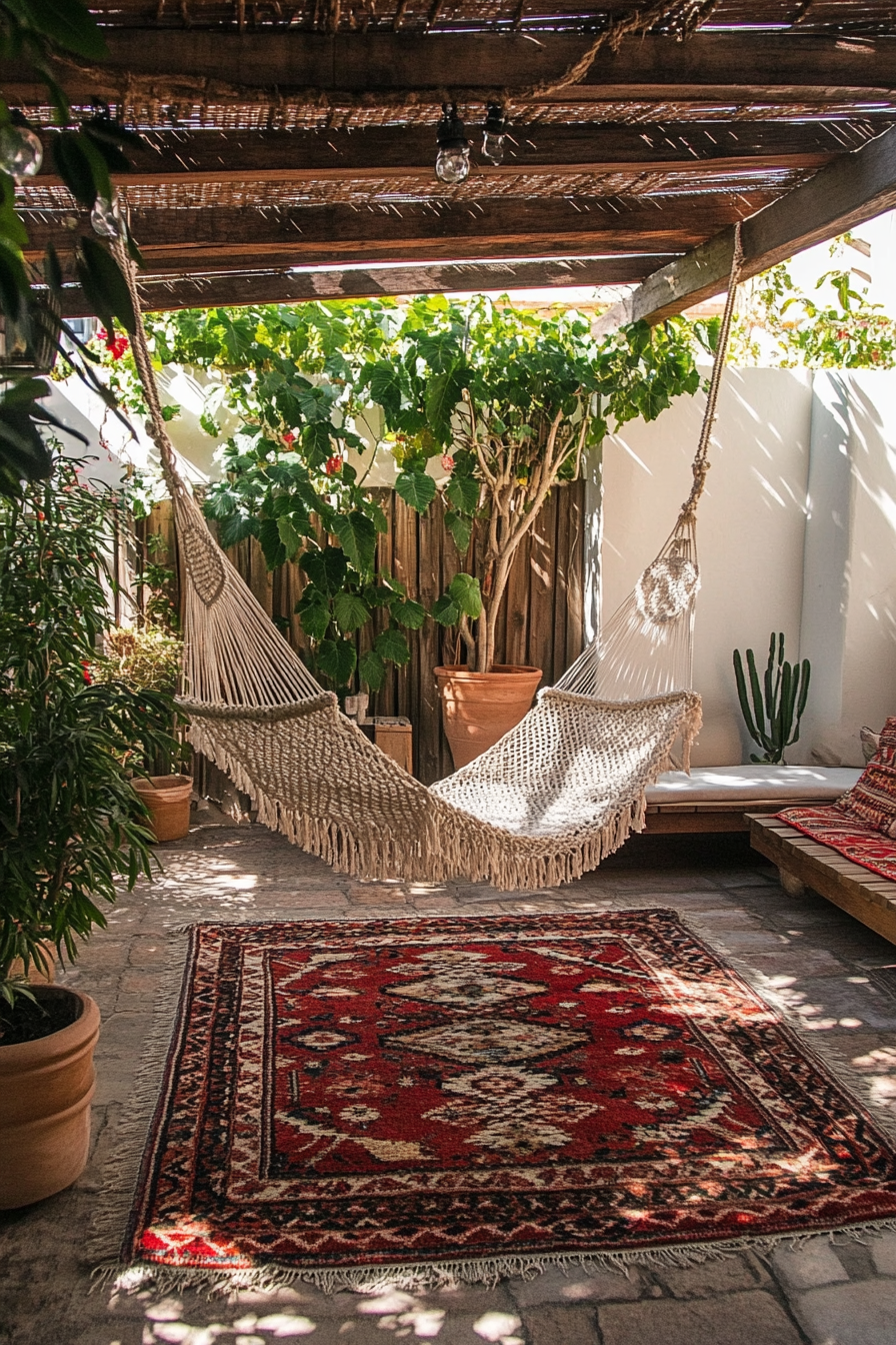 Bohemian patio. Macramé hanging chair under white canopy with layered red kilim rugs.