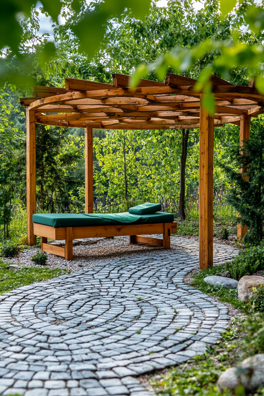 Outdoor massage table. Wood structure with green covers. Meditation labyrinth layout. Circular cobblestoned pathway.