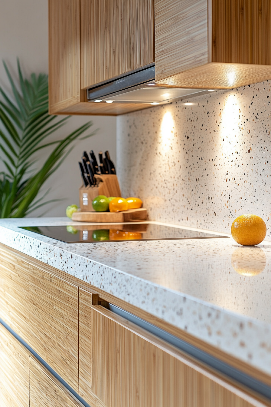 Cooking space. Bamboo cabinets with white, multicolored flecked terrazzo counters.