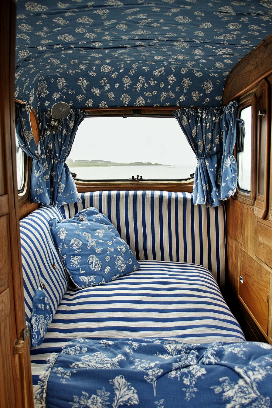 Camper design. Blue chintz upholstery with white-striped wooden panels.