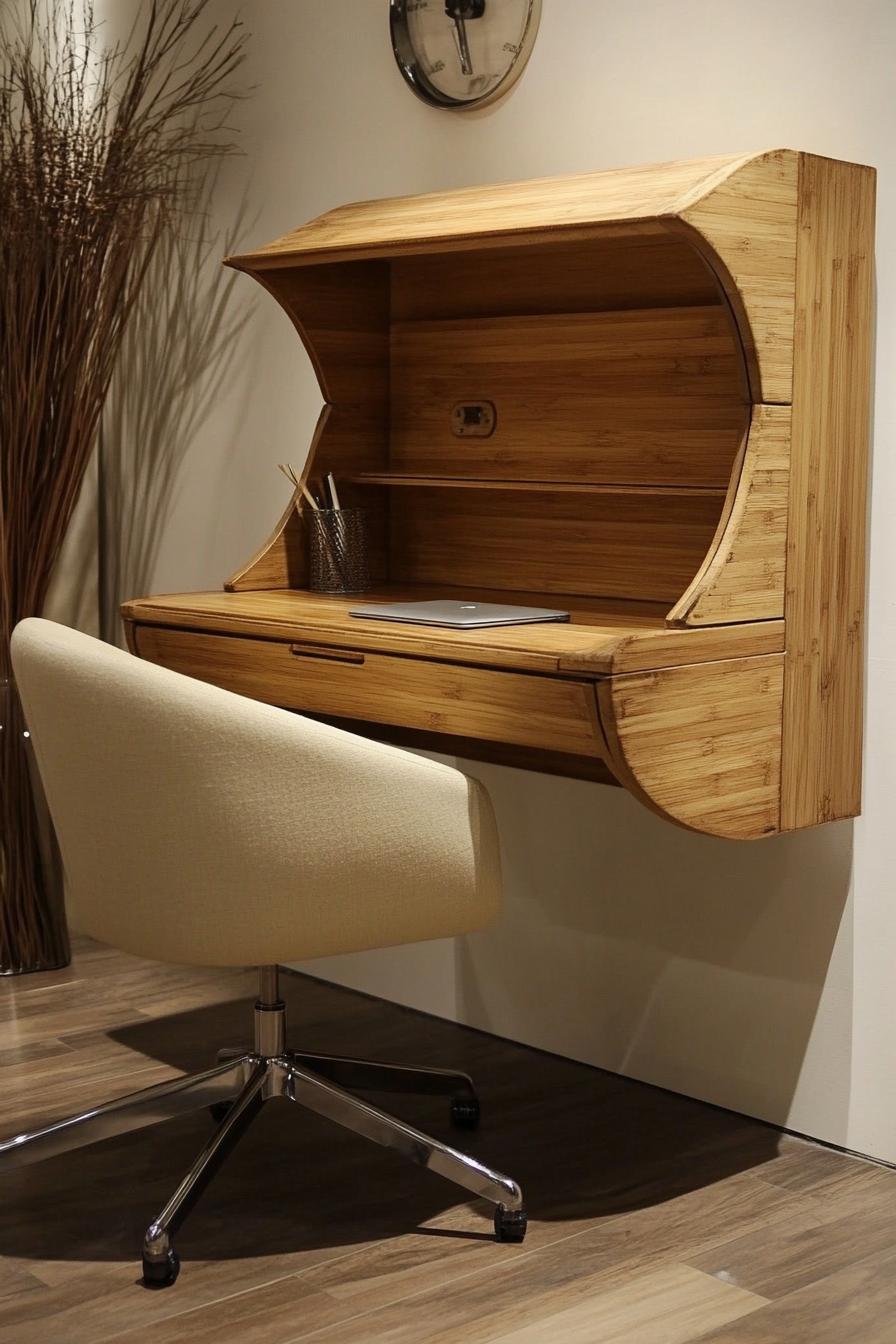 Compact workspace. Bamboo desk paired with a beige swivel chair.