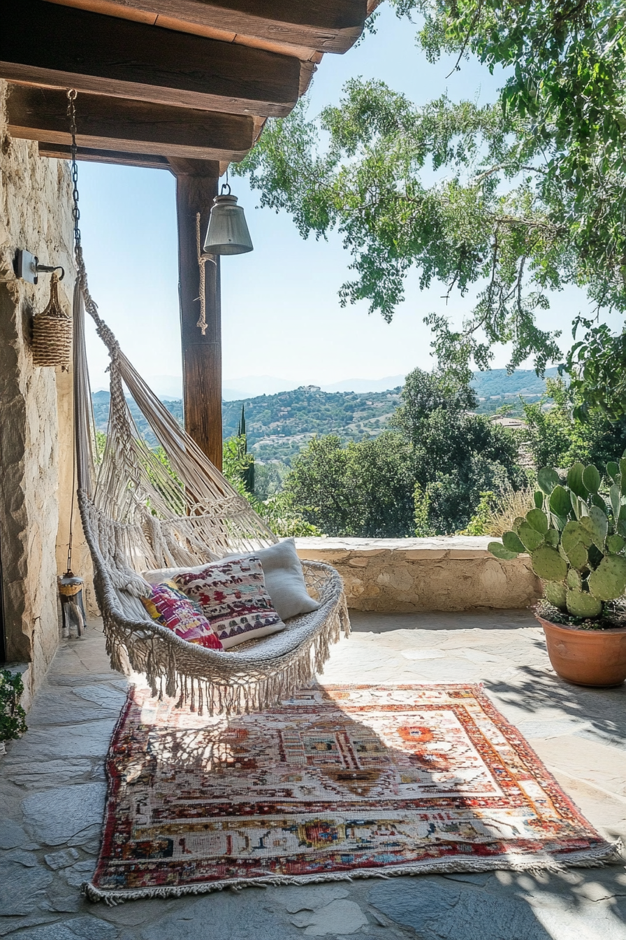 Bohemian patio. Macramé hanging chair with layered kilim rugs.