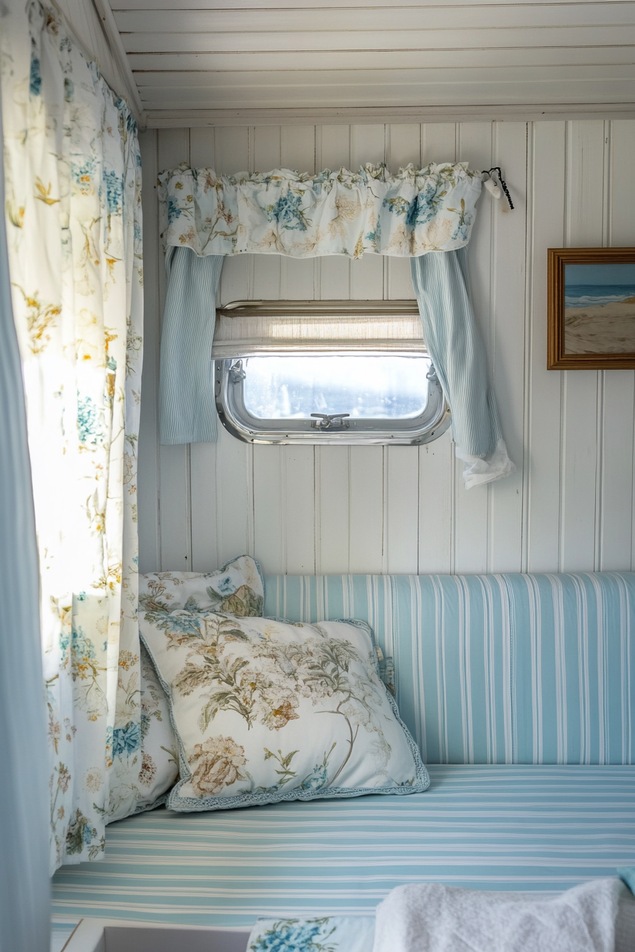 Seaside-inspired camper design. Light blue chintz curtains with white, vertical-striped wooden walls.