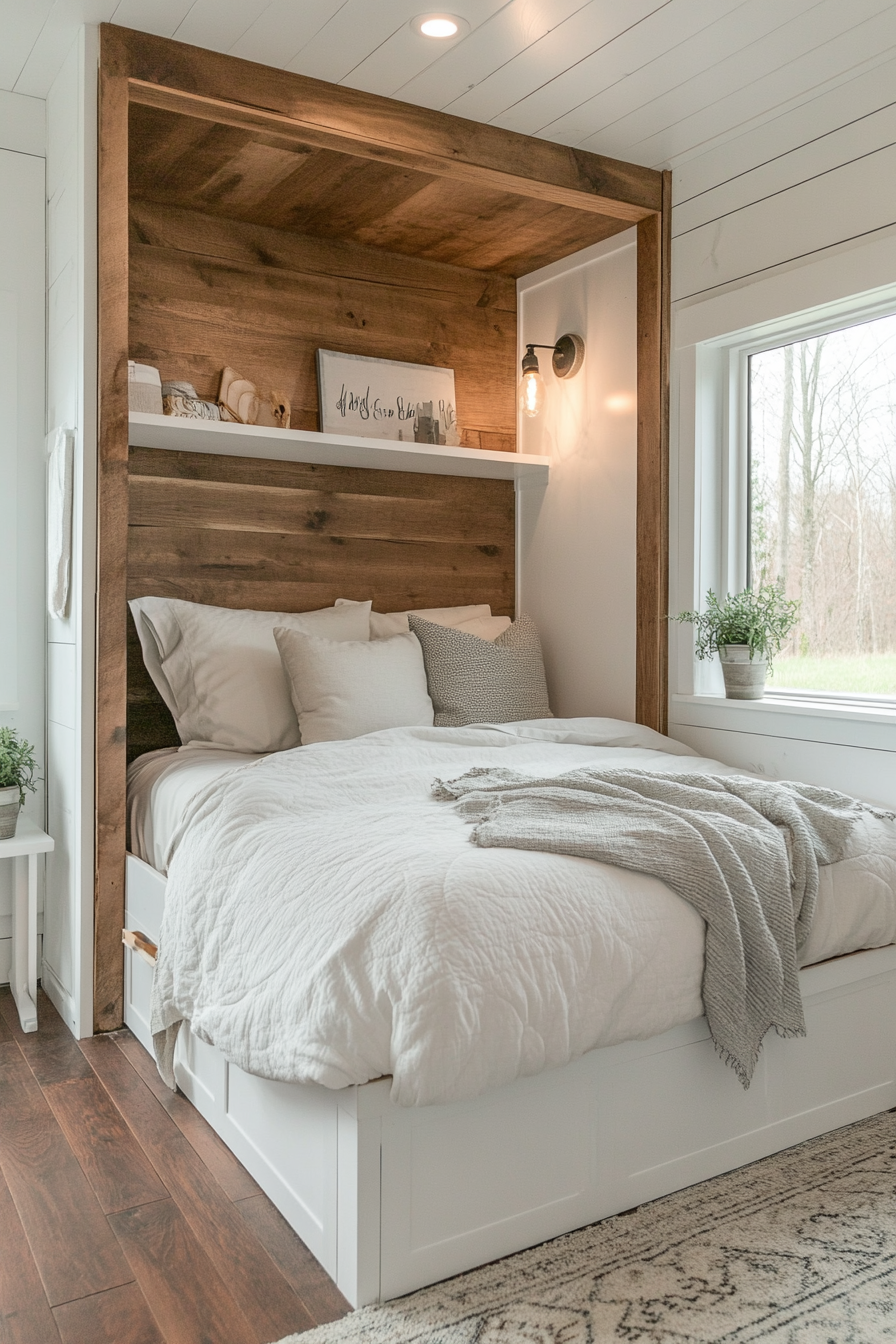 Tiny house bedroom. Queen-sized hidden storage bed, airy interior, white wall-mounted nightstands.