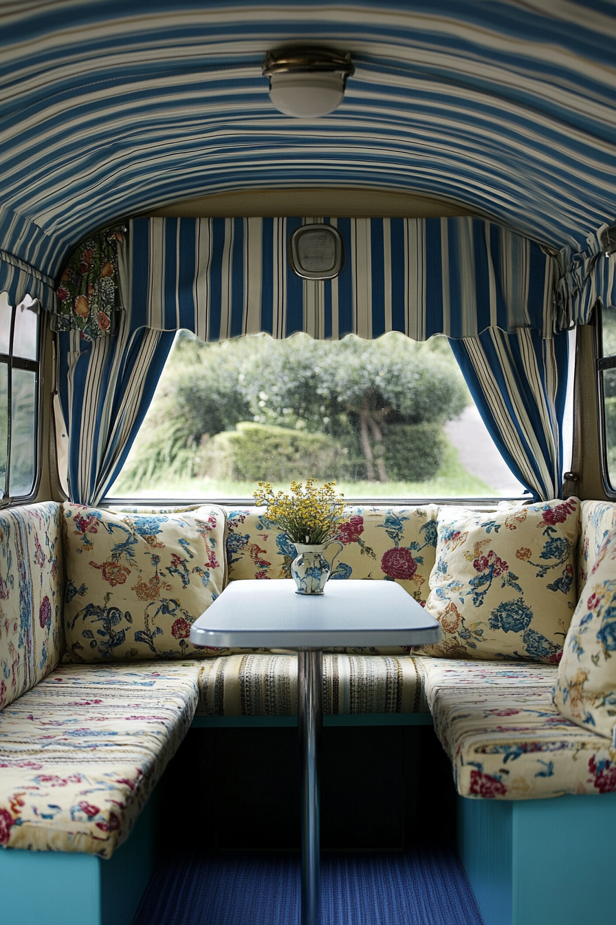 Camper design. Chintz upholstery with striped marine blue awning.