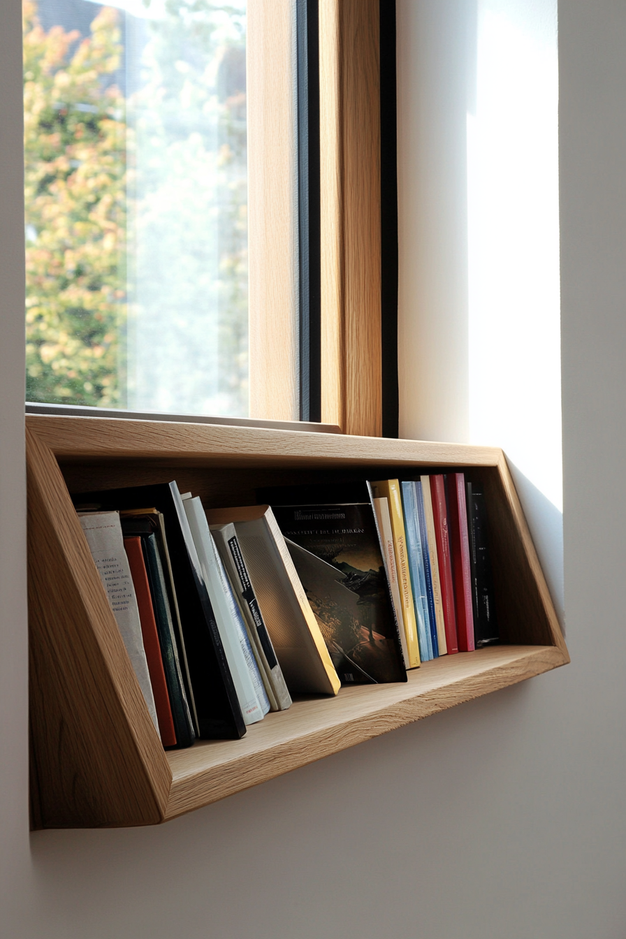 Window alcove concept. Floating oak bench with hidden book storage.