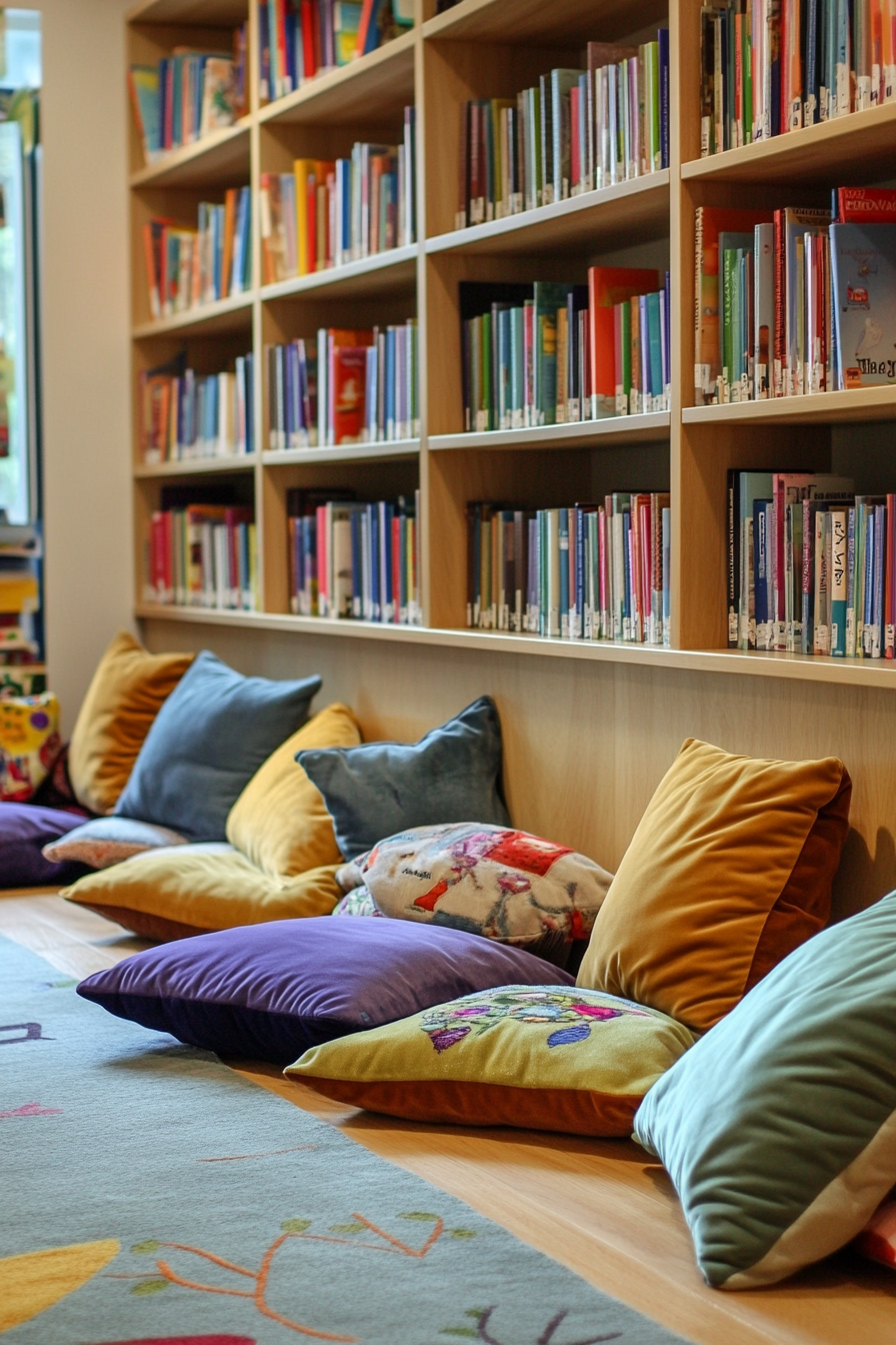 Child-sized library concept. Velvet floor cushions near oak book display.