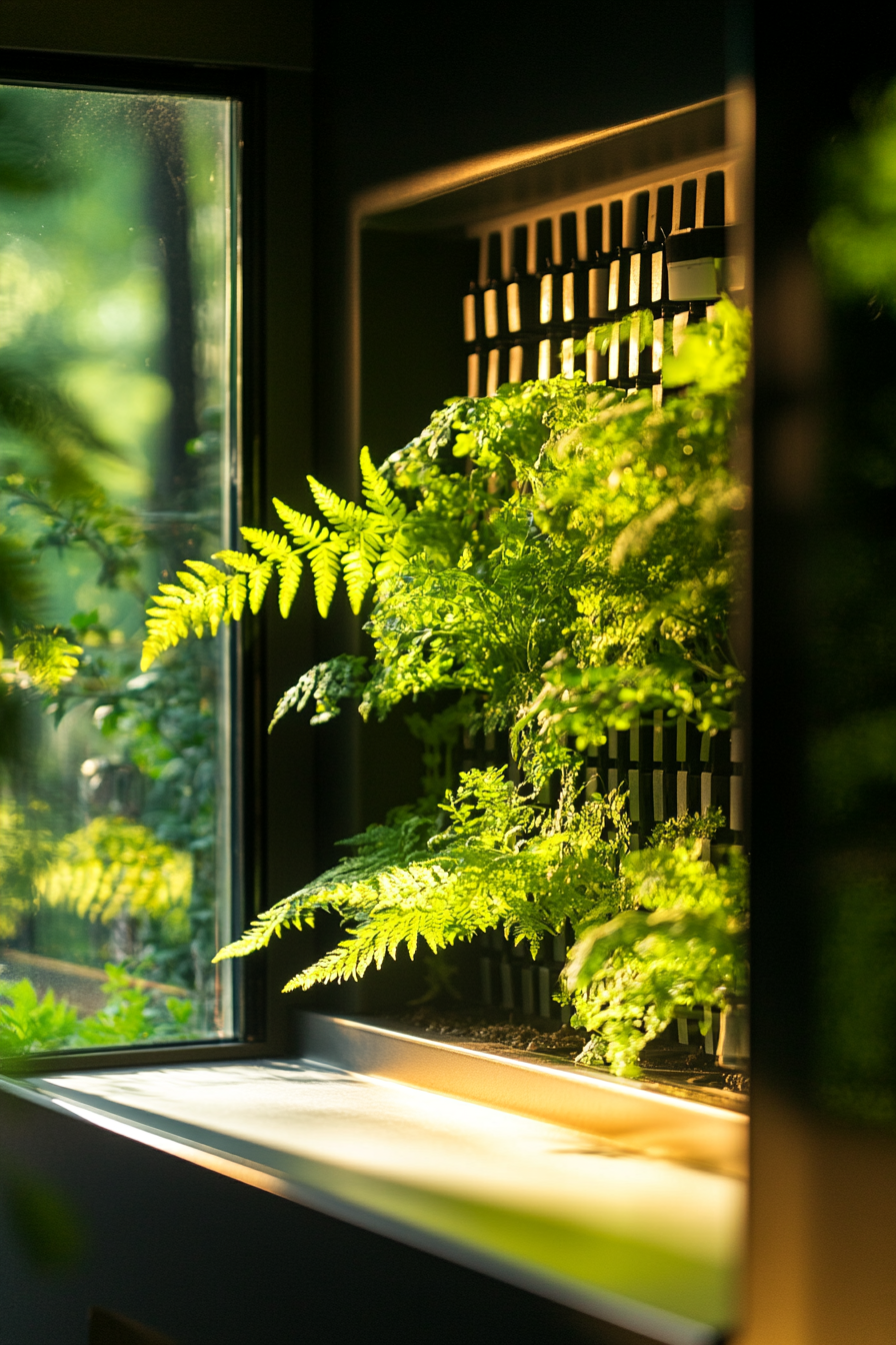 Living wall. Ferns under dappled light, built-in herb shelf, hydroponic systems visible.