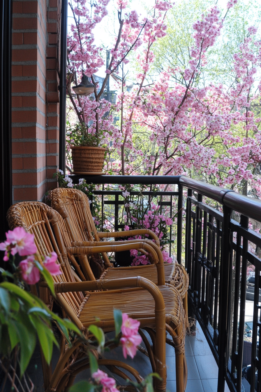 Balcony design. Bamboo chairs paired with a cherry blossom pot corner.