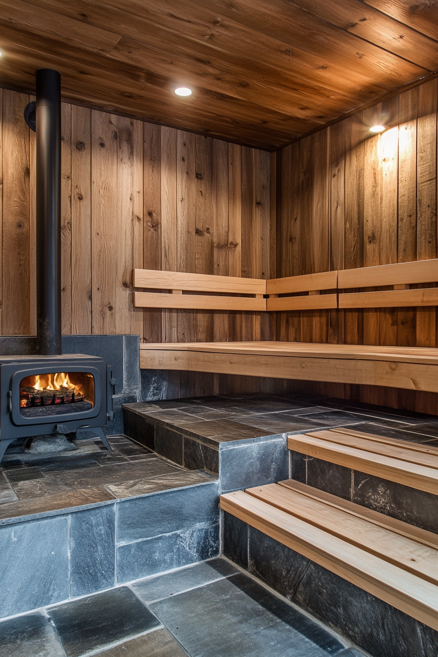 Sauna room design. Wood-burning stove with cedar tiered benches.