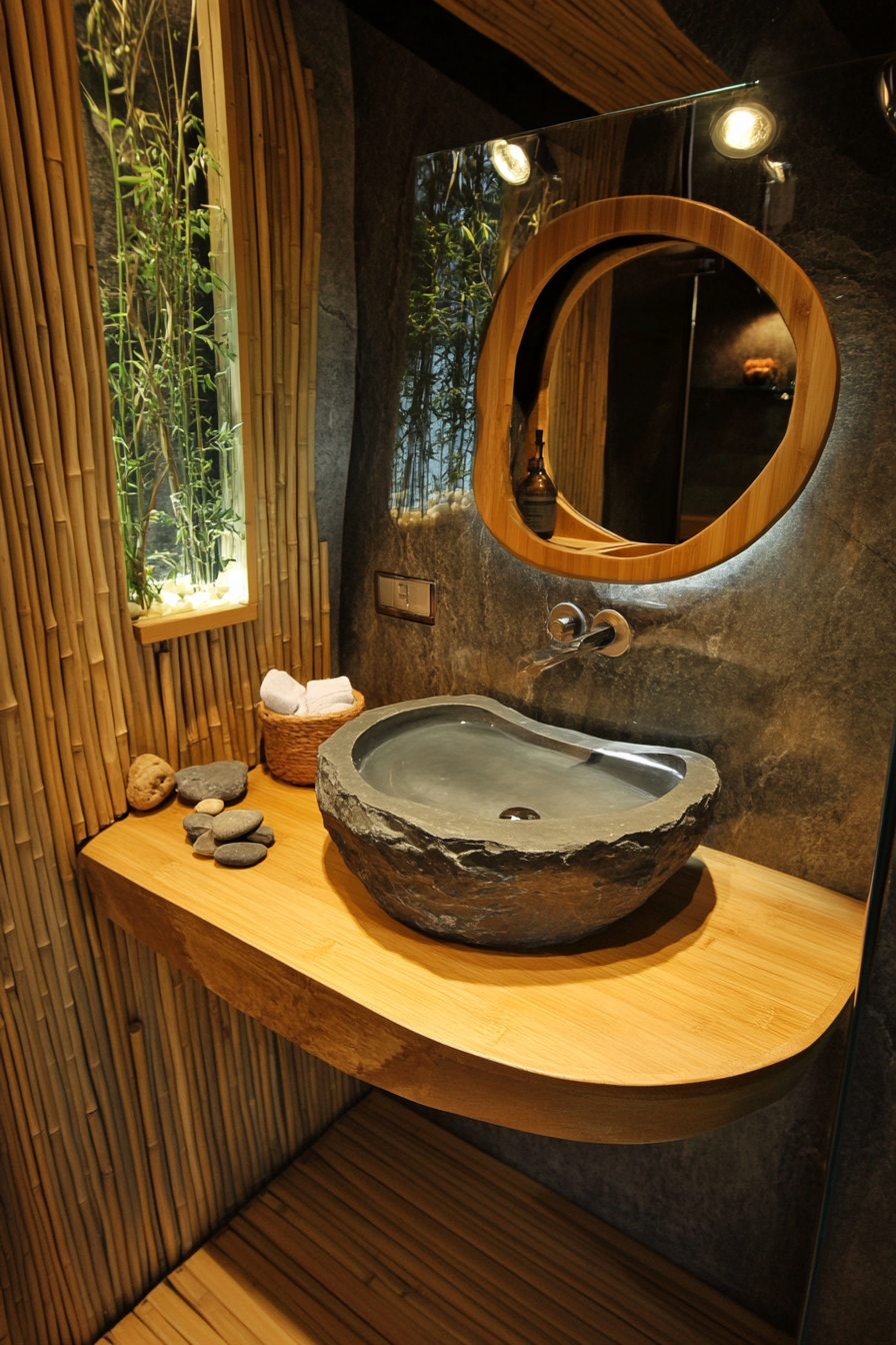 Tiny Eco-Bathroom Concept. Wooden vanity with bamboo panels and river rock sink.