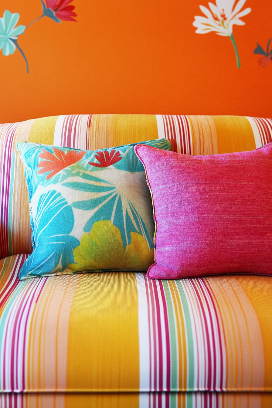 Tiny home decor. Candy-colored cushions on a stripey citrus-hued loveseat.