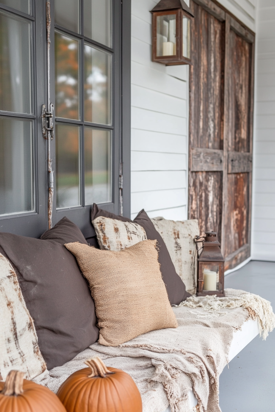 Farmhouse-Industrial fall porch. Rusty pumpkin lanterns and burlap print cushions.