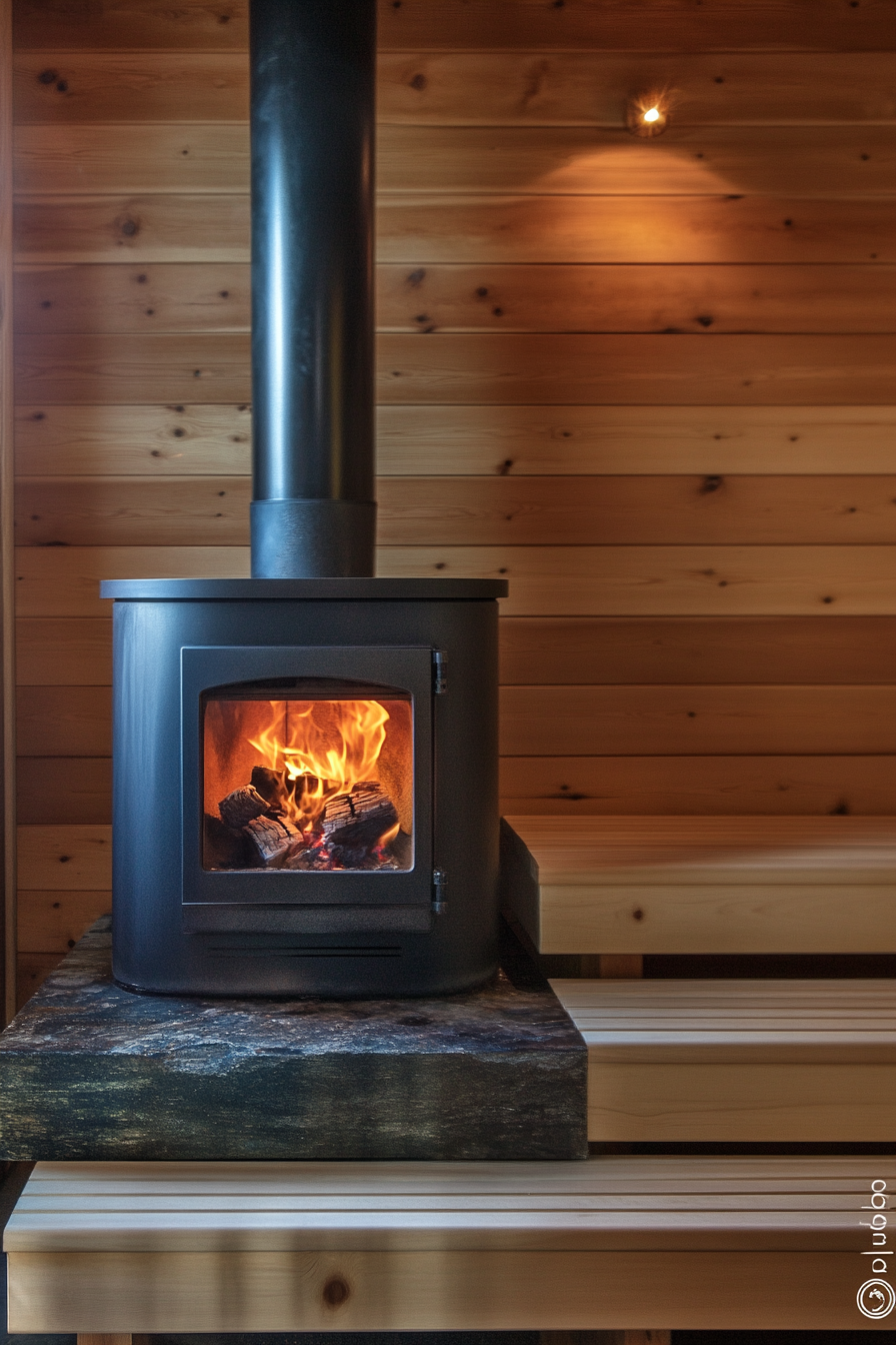 Sauna room design. Minimalistic wood-burning stove with three-step cedar bench.