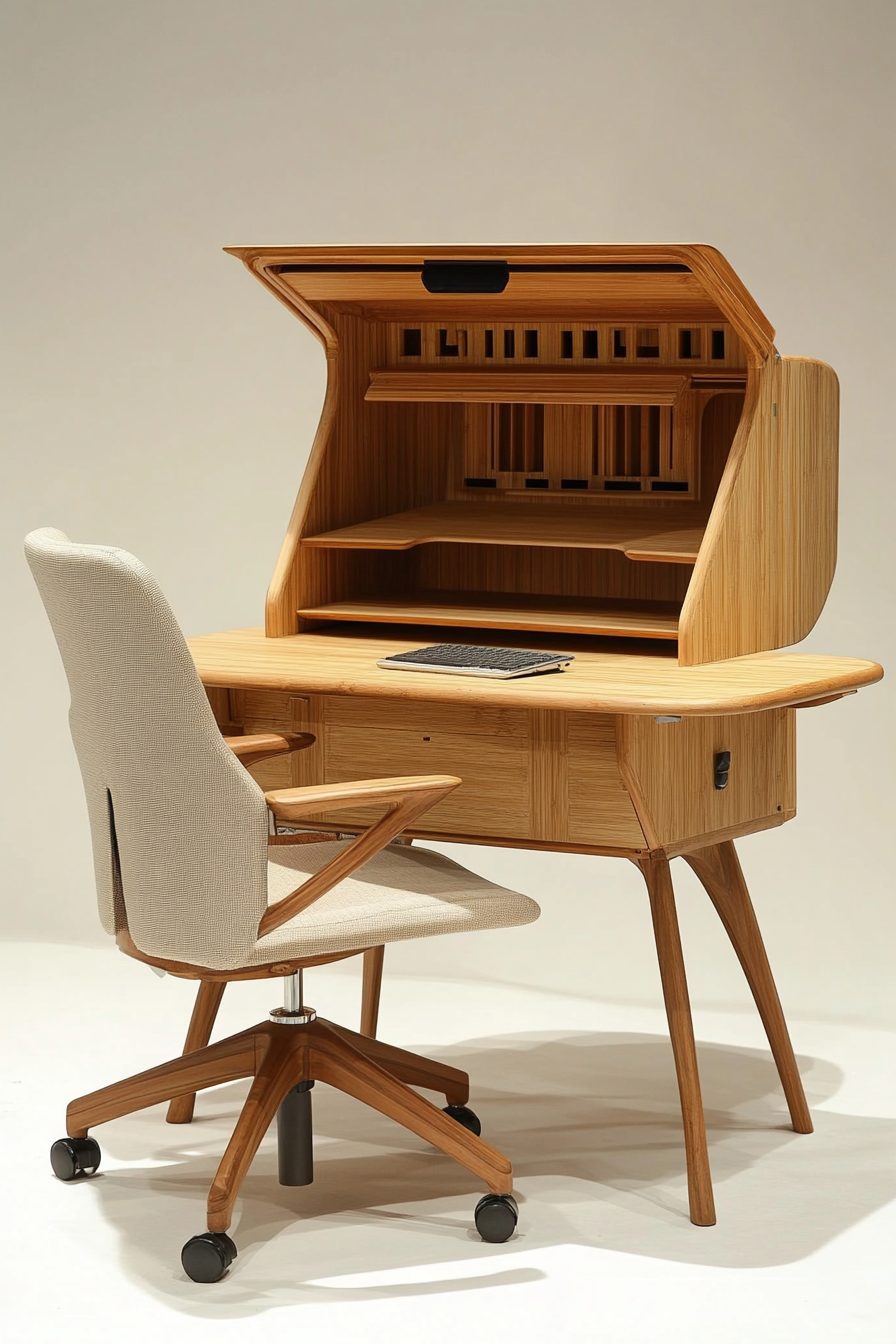 Mobile workspace design. Bamboo desk and beige ergonomic chair.