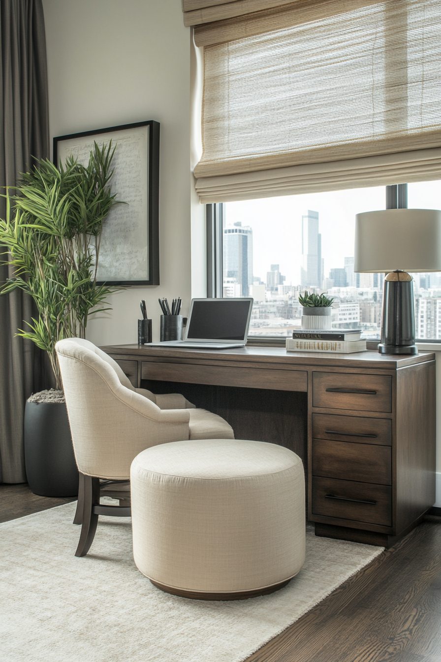 Mobile workspace design. Bamboo desk with beige ottoman.