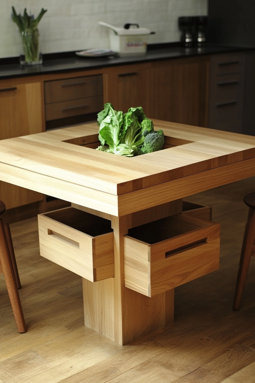 Dining table for small spaces. Square, wooden with hidden drawers underneath.