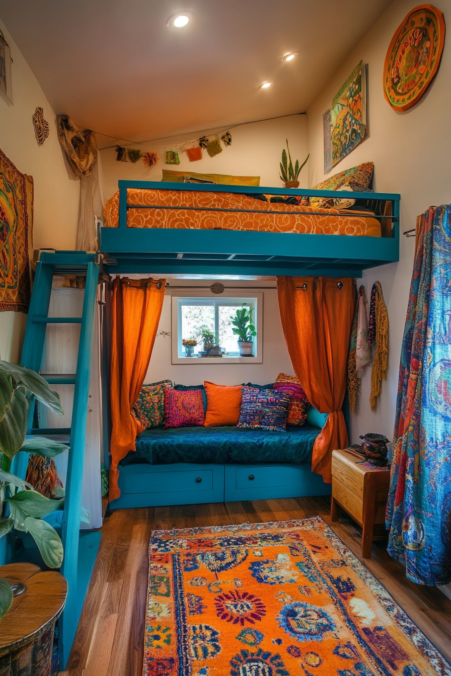 Tiny Home Decor. Turquoise blue loft bed with orange bohemian rugs.