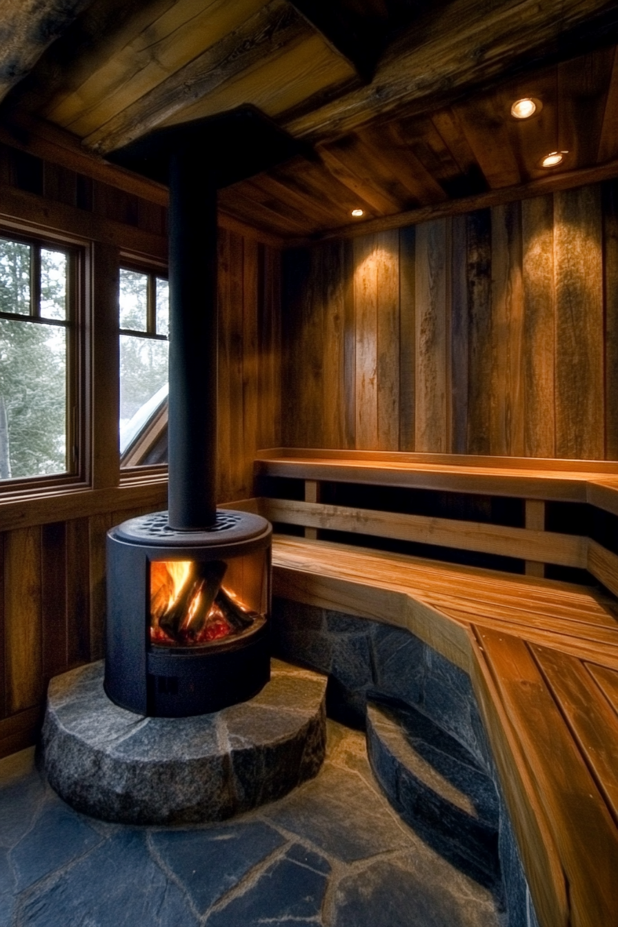 Sauna room design. Rustic wood-burning stove with three-tier cedar benches.