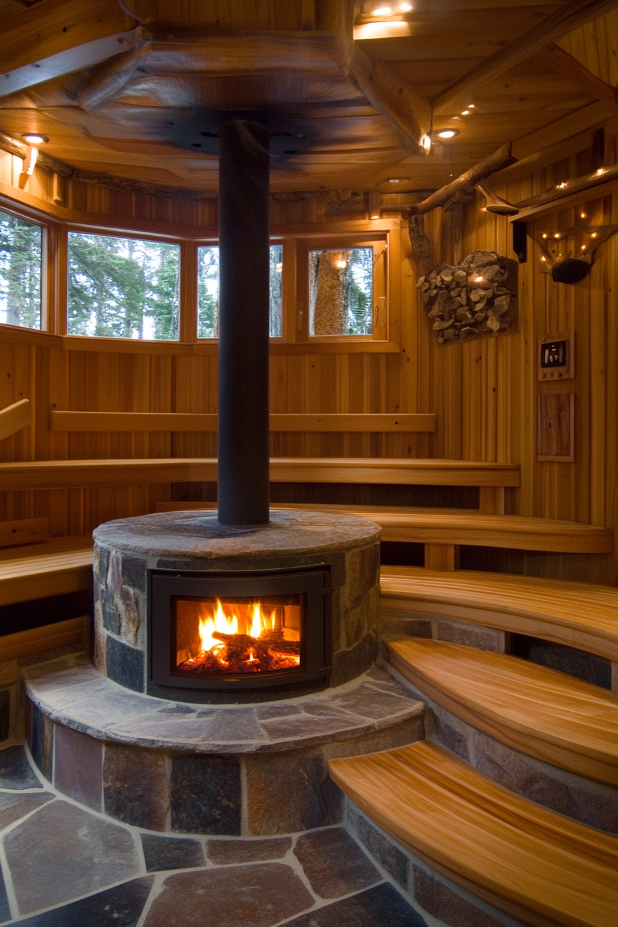 Sauna room design. Wood-burning stove with cedar tiered benches.