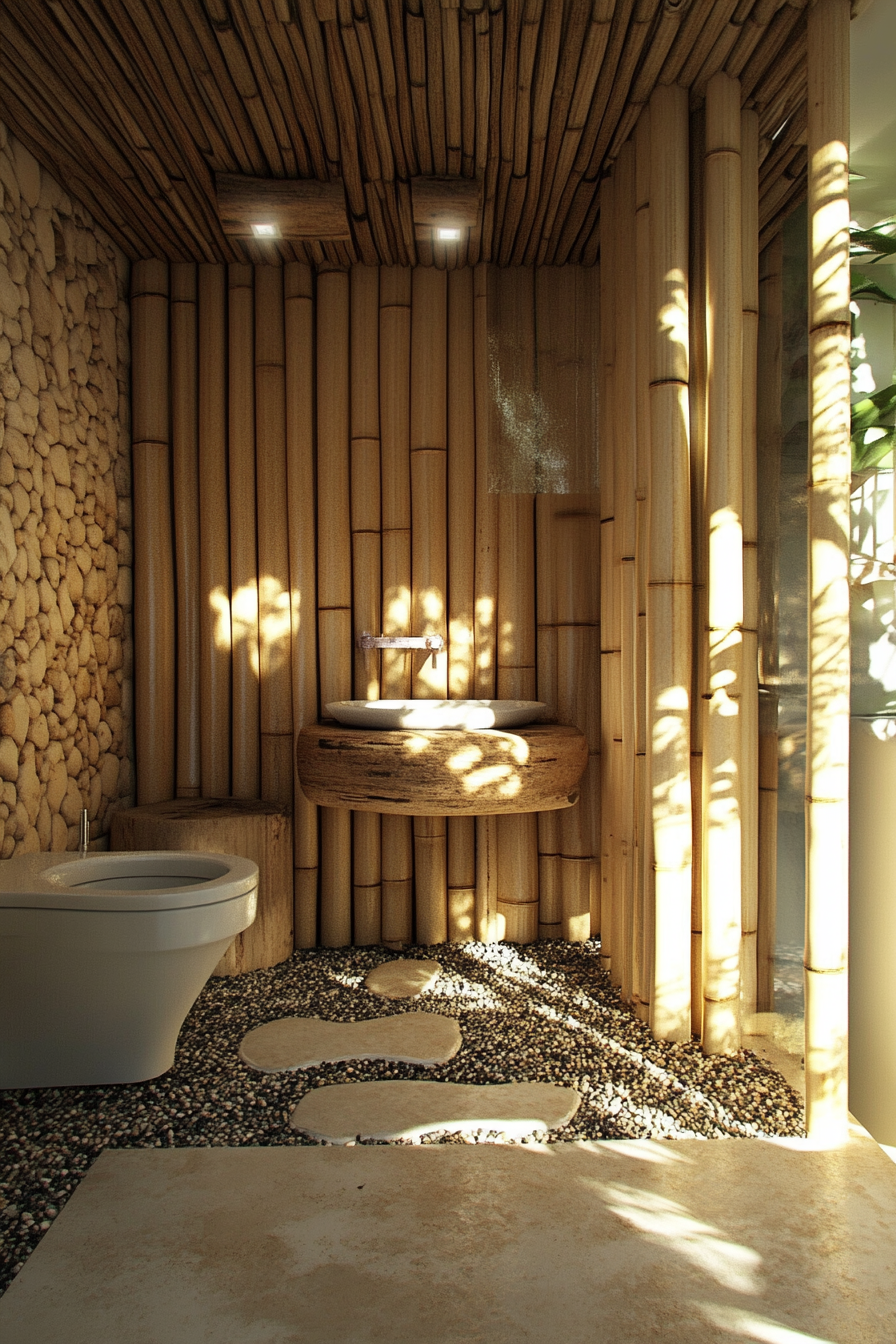 Tiny eco-bathroom concept. Bamboo walls and river rock pebble flooring.