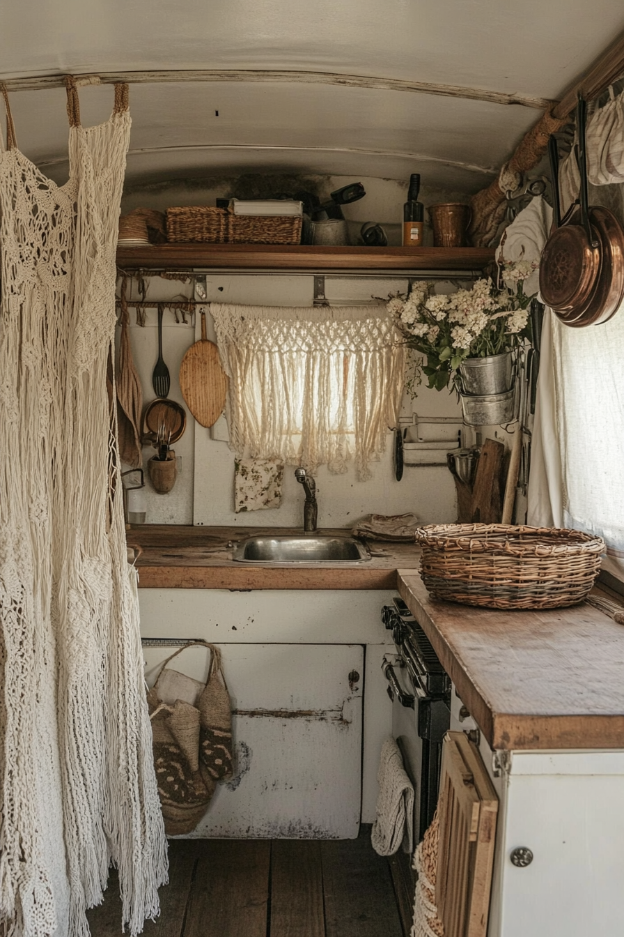 Bohemian Camper Kitchen. Macramé curtains, rattan basket, rustic countertop.