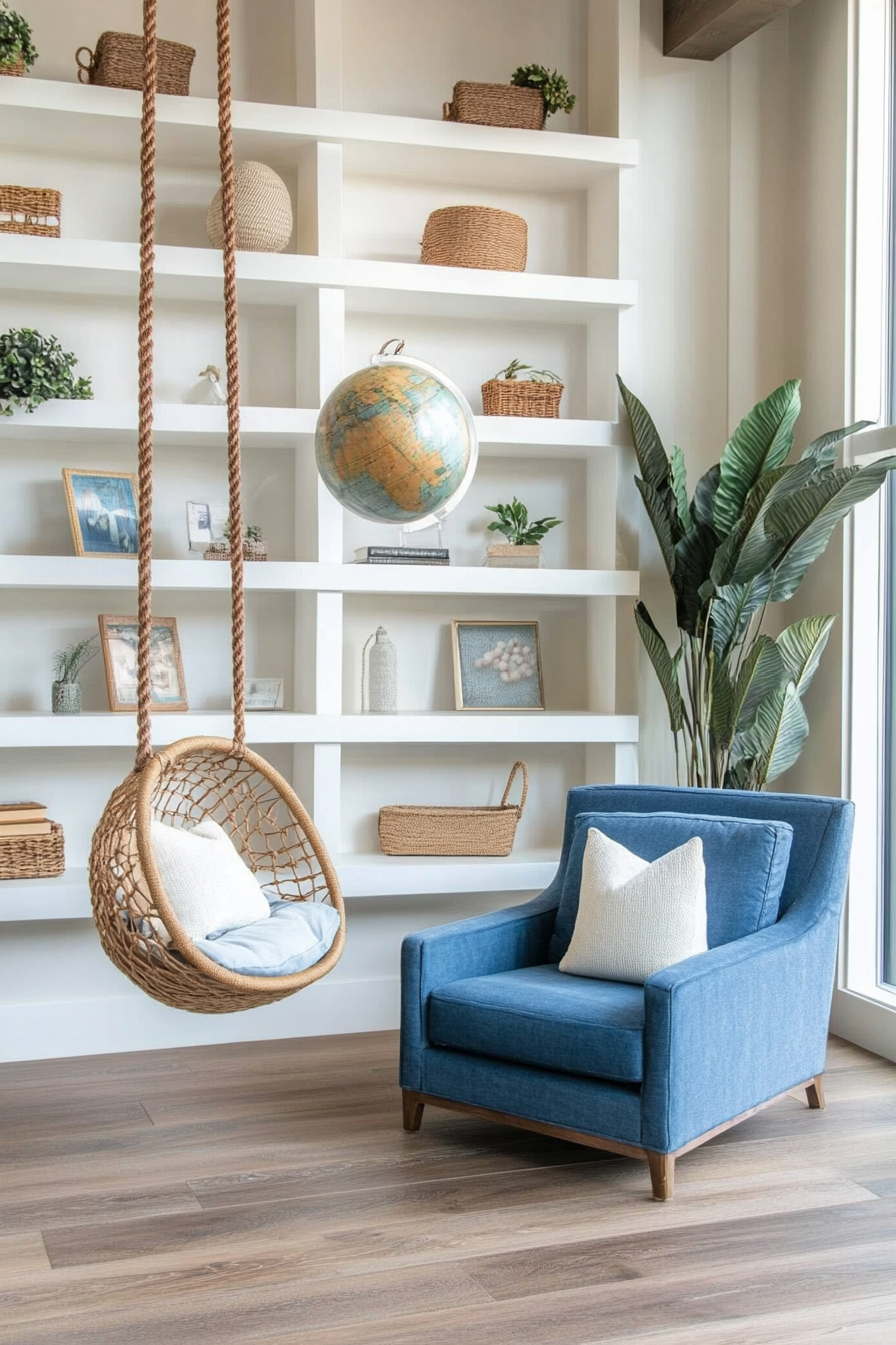 Reading sanctuary. White shelves, blue armchair, rope swing chair, globe lamp.