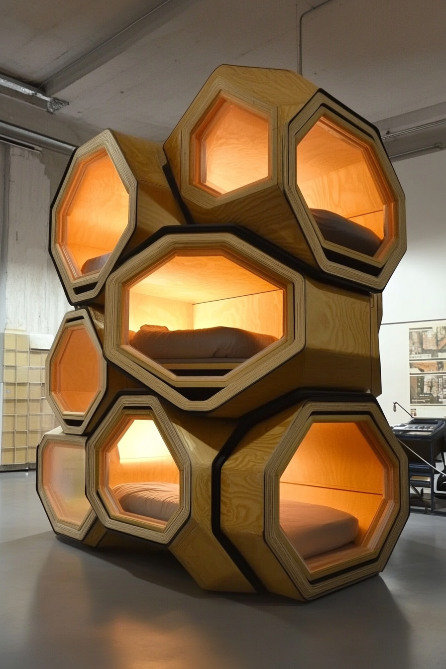 Micro living concept. Smart tech sleeping pods stacked in honeycomb pattern.