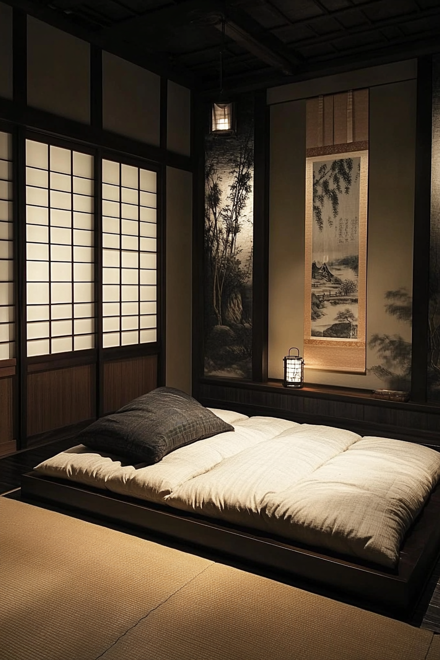 Japandi dorm room. Low-floor futon with dark wood demarcation.