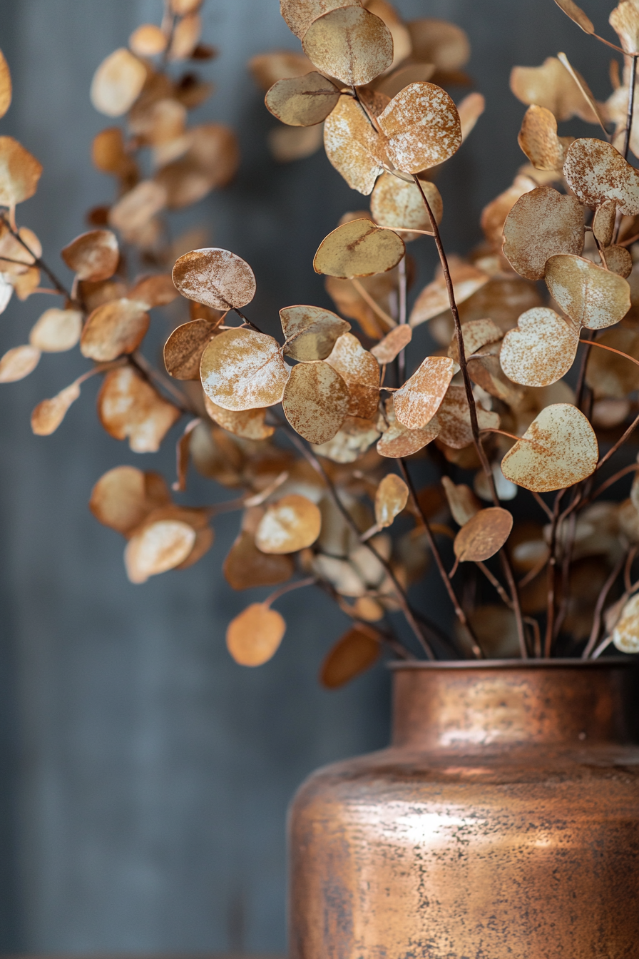 Fall RV decor. Dry Eucalyptus branches in a rusty copper vase.