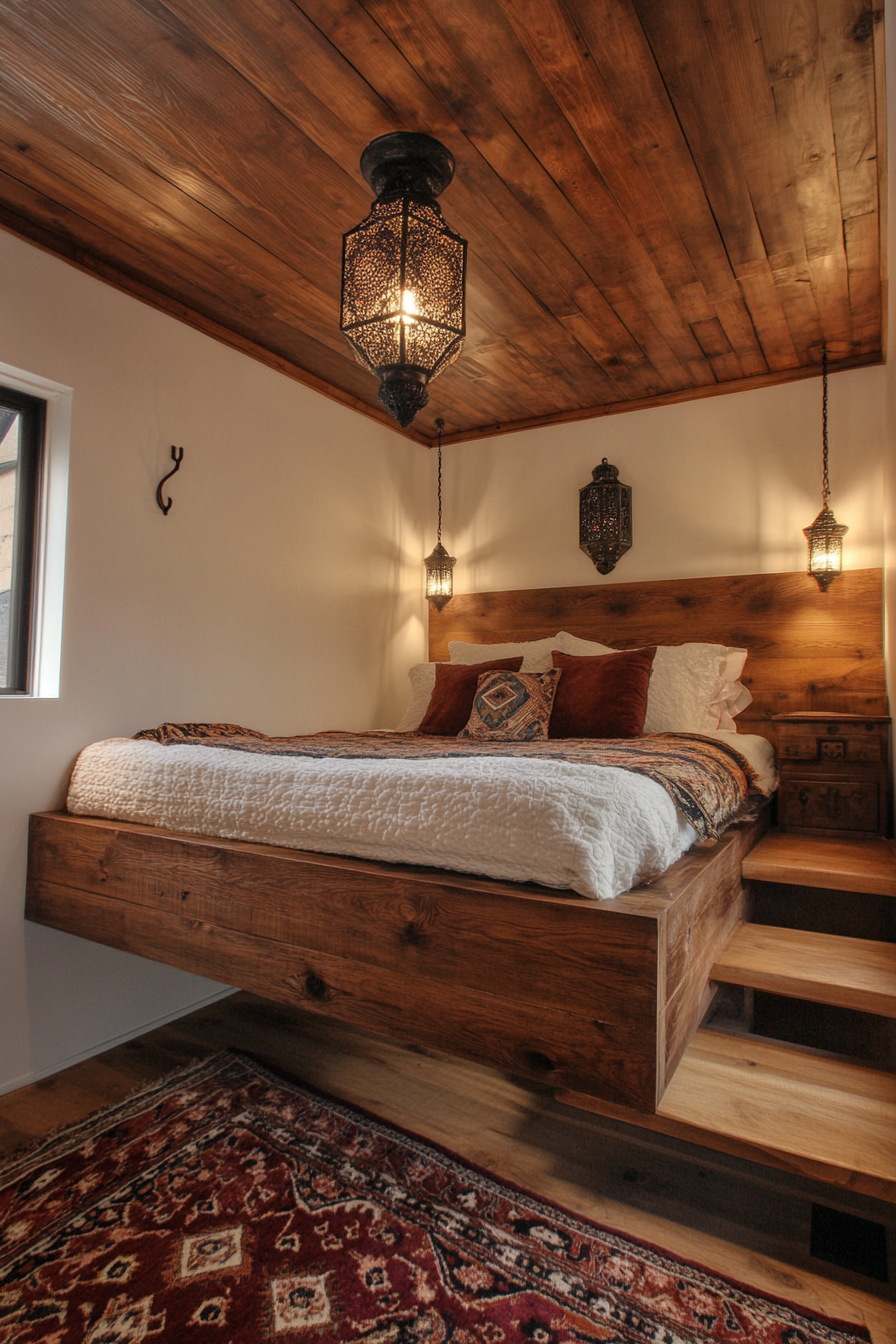 Elevated micro bedroom concept. Moroccan lanterns hung over honey oak low platform bed.