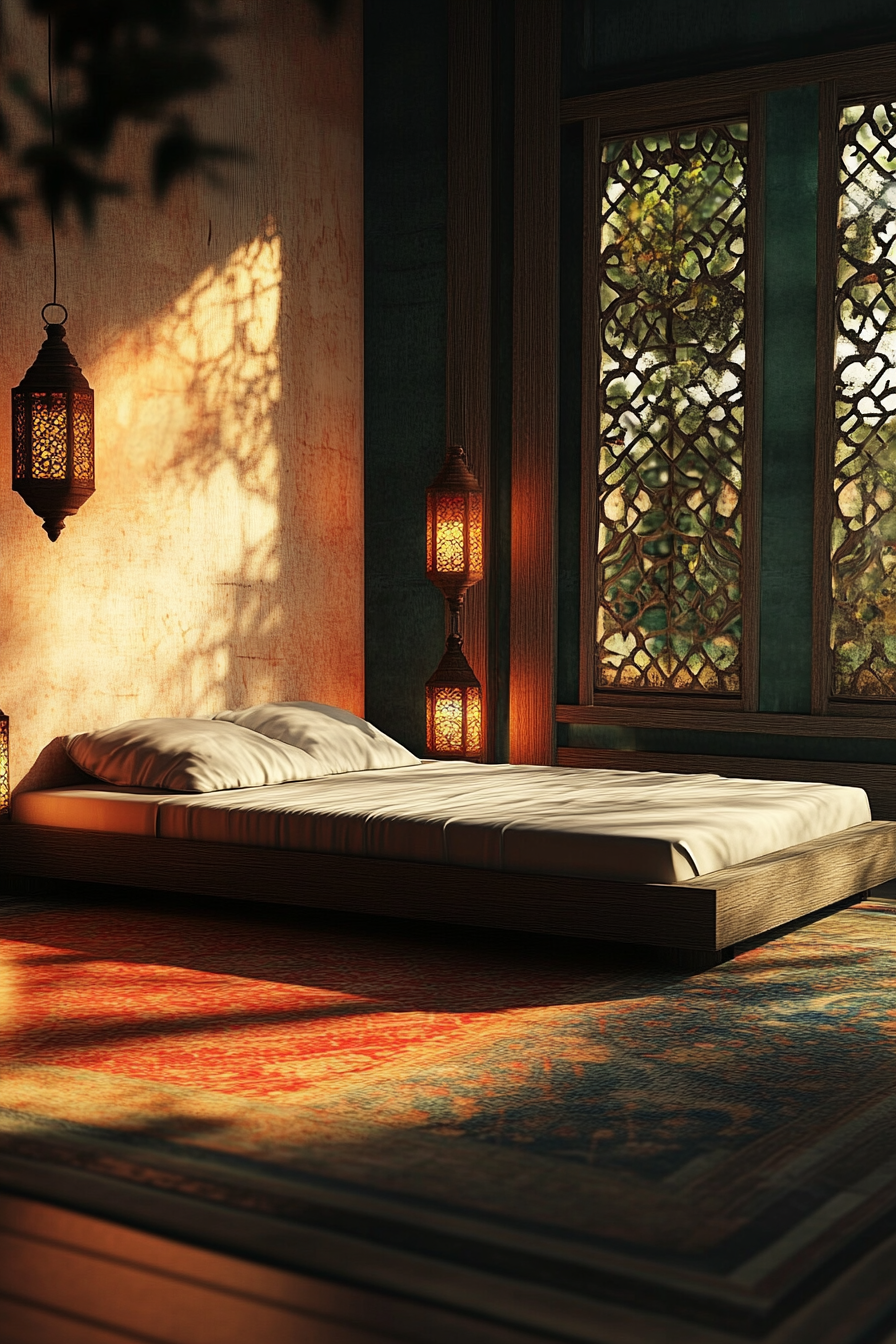 Micro bedroom concept. Low platform bed against a glazed Moroccan lantern-lit background.