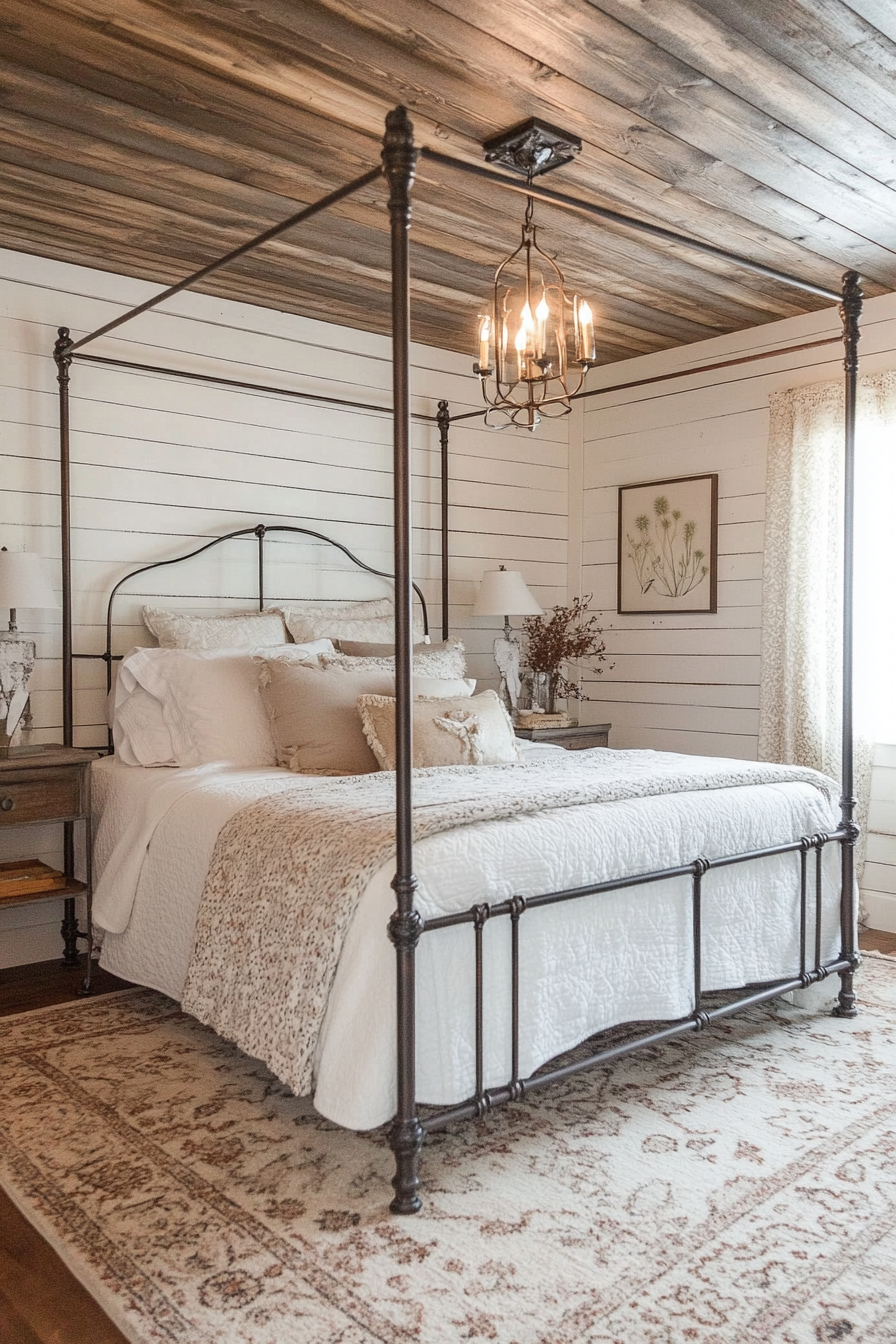 Rustic-chic bedroom. Ivory shiplap ceiling, wrought-iron canopy bed frame.