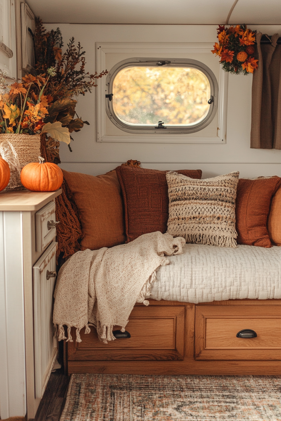 Fall RV decor. Block color patterns with functional oak furniture.