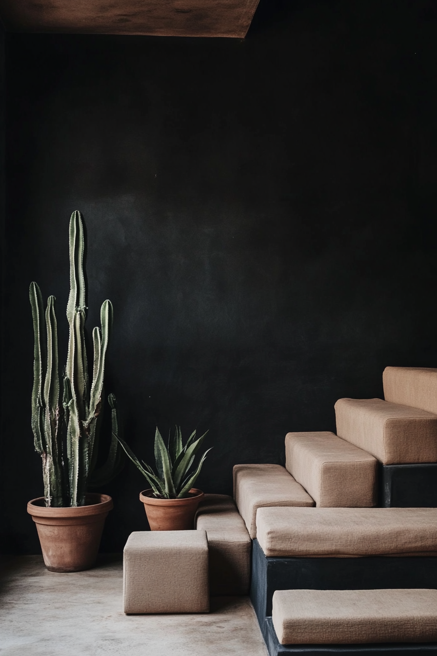 Space design. Terra-cotta potted cacti against matte black wall with beige poly-fabric cube seating.