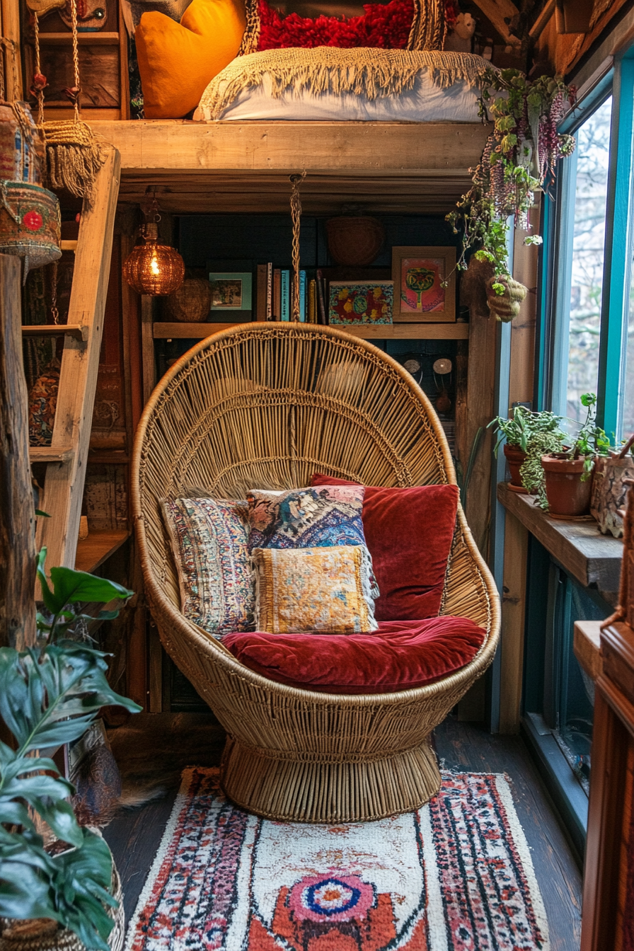 Bohemian tiny home design. Rattan peacock chair with velvet cushions on mezzanine.