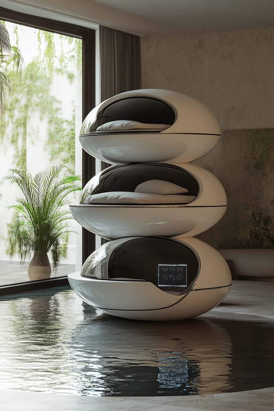 Stacked sleeping pod. Flotating sphere design with integrated AI control.