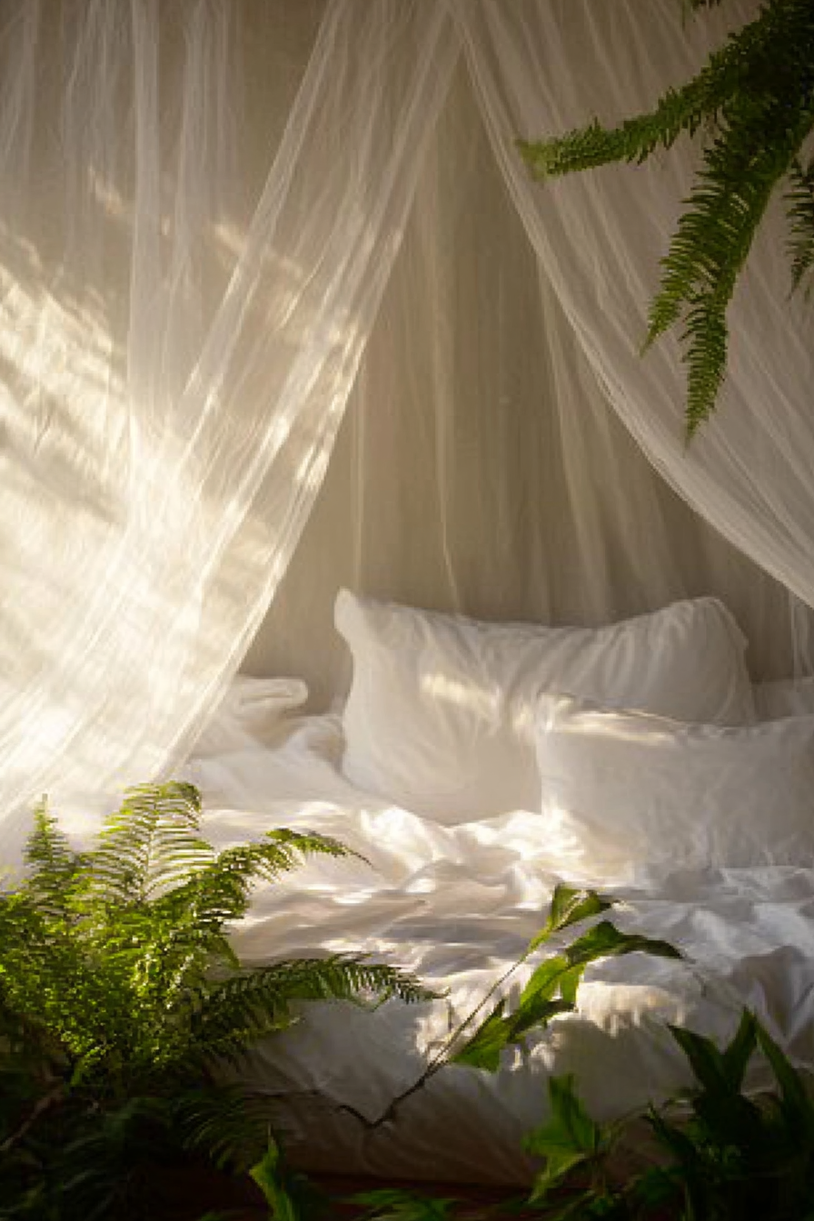 Sleeping nook. Canopy mosquito net drapes and fern plant.