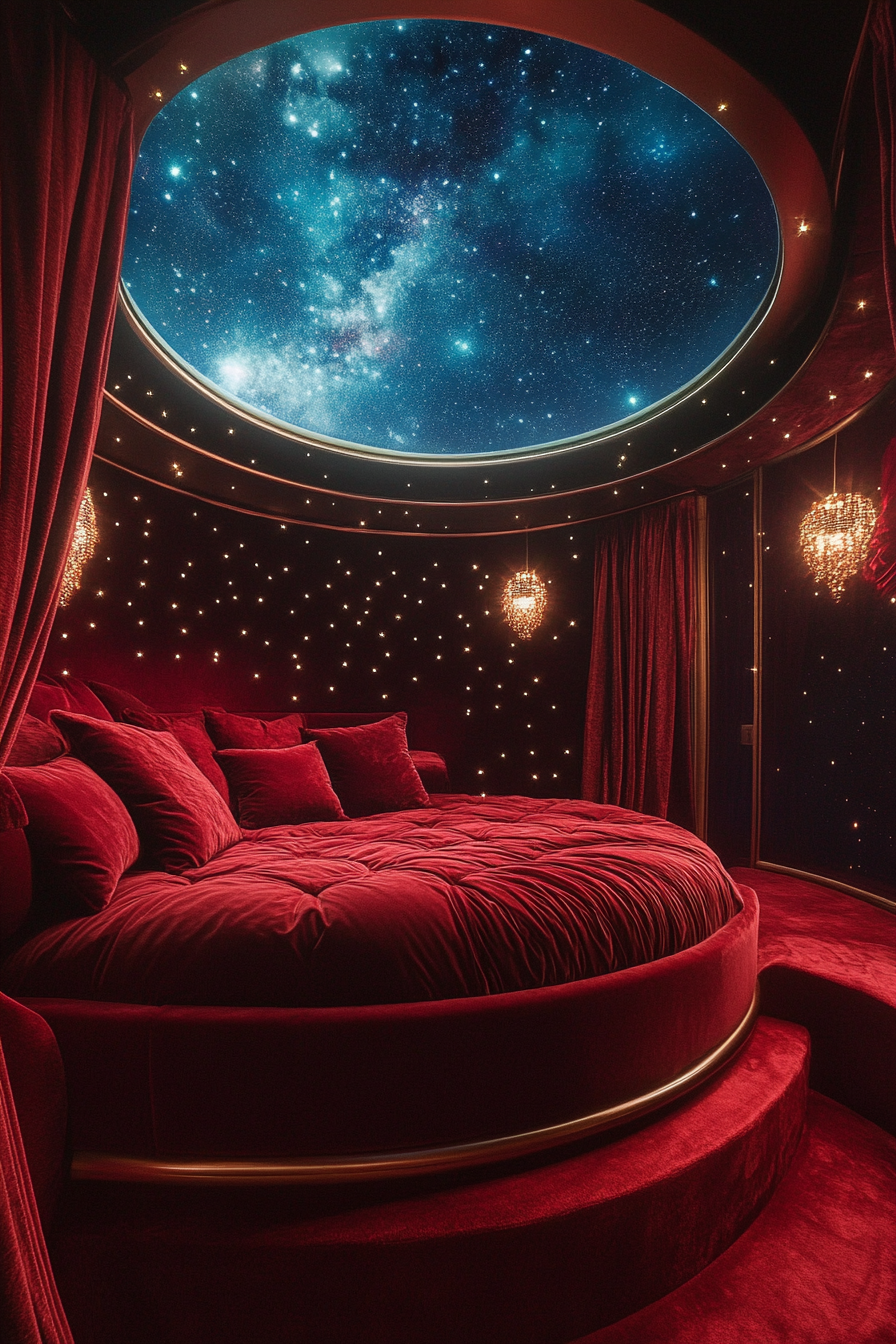 Celestial sleep space concept. Retractable star-gazing roof and red velvet circular bed.