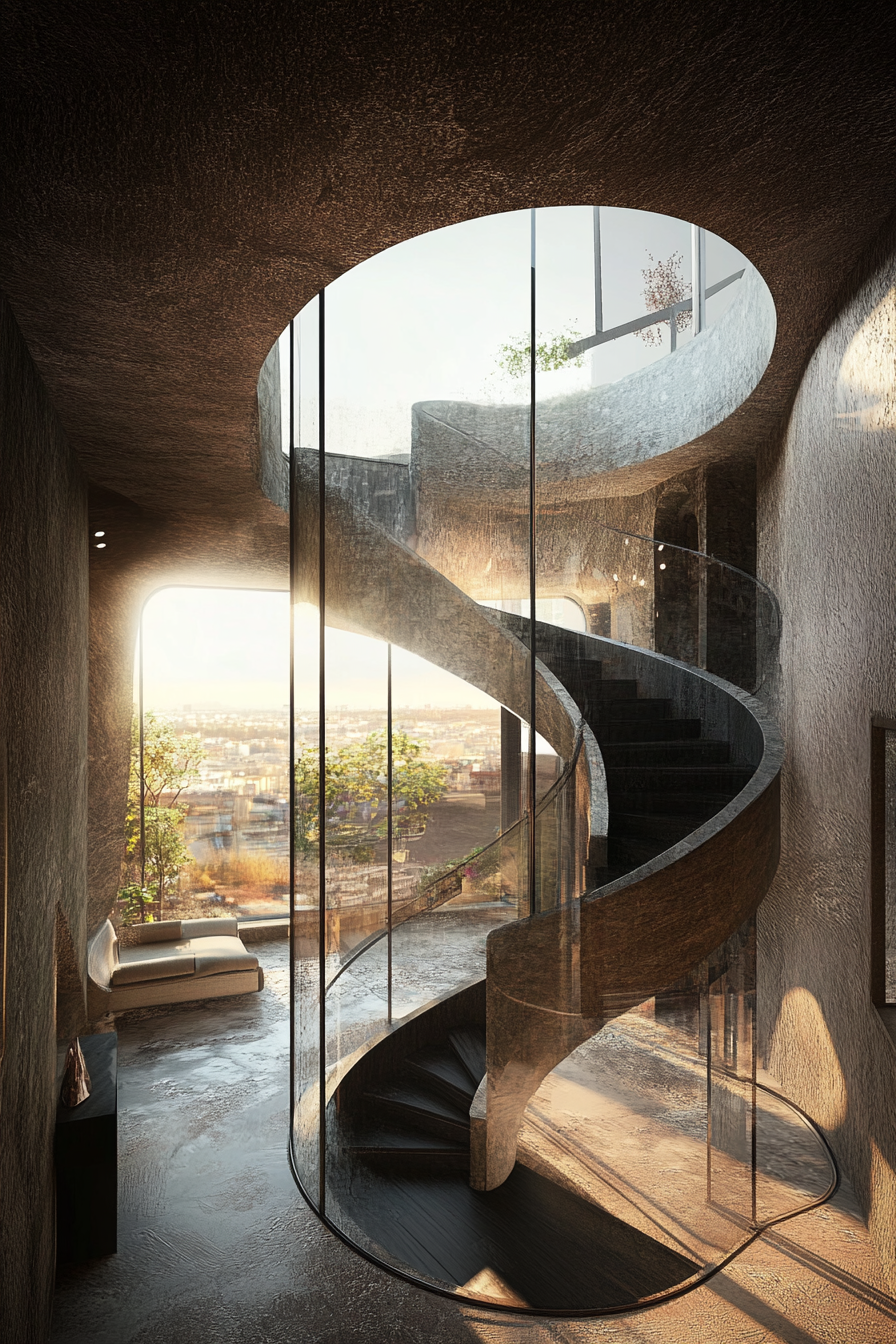 Micro living concept. Spiral staircase leading to glass-enclosed panoramic top-floor.