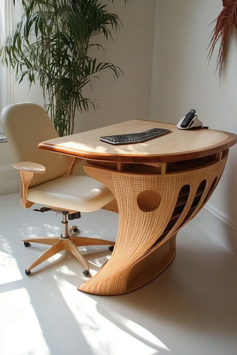 Mobile workspace design. Bamboo desk with cream colored ergonomic chair.